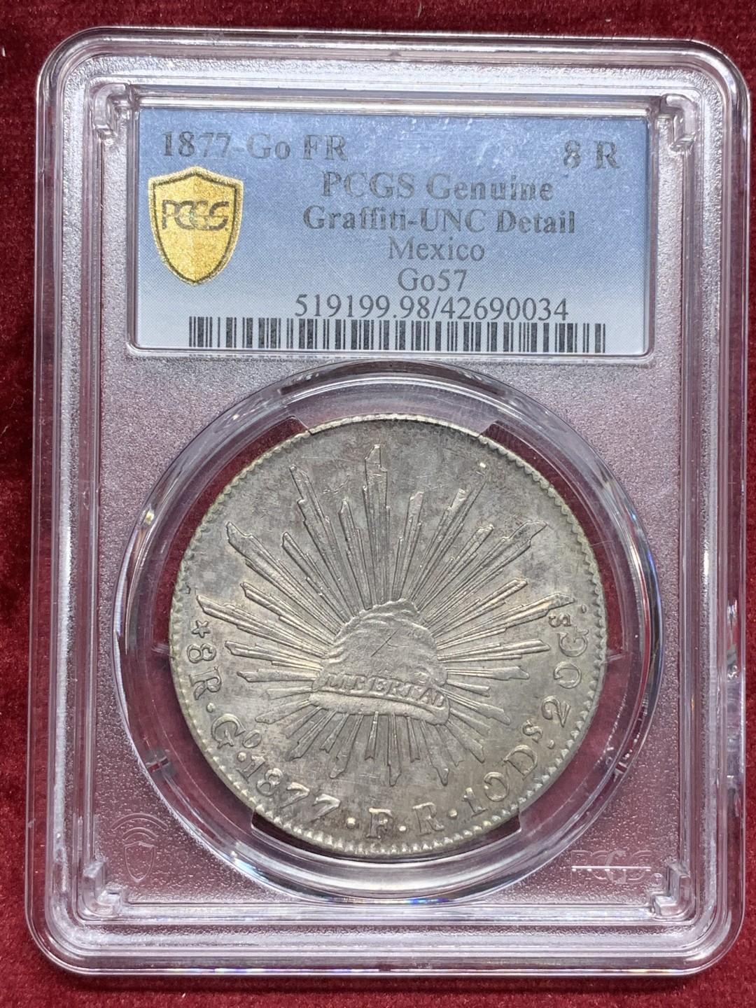 《竞宝斋》第76场-本周日，周一2场连拍（全场不限金额包邮） PCGS UNC鹰洋1877年GO FR 未流通 五彩包浆氧化极其到位、强转光，状态极其到位，非常可惜，幸运帽有上有划痕。
