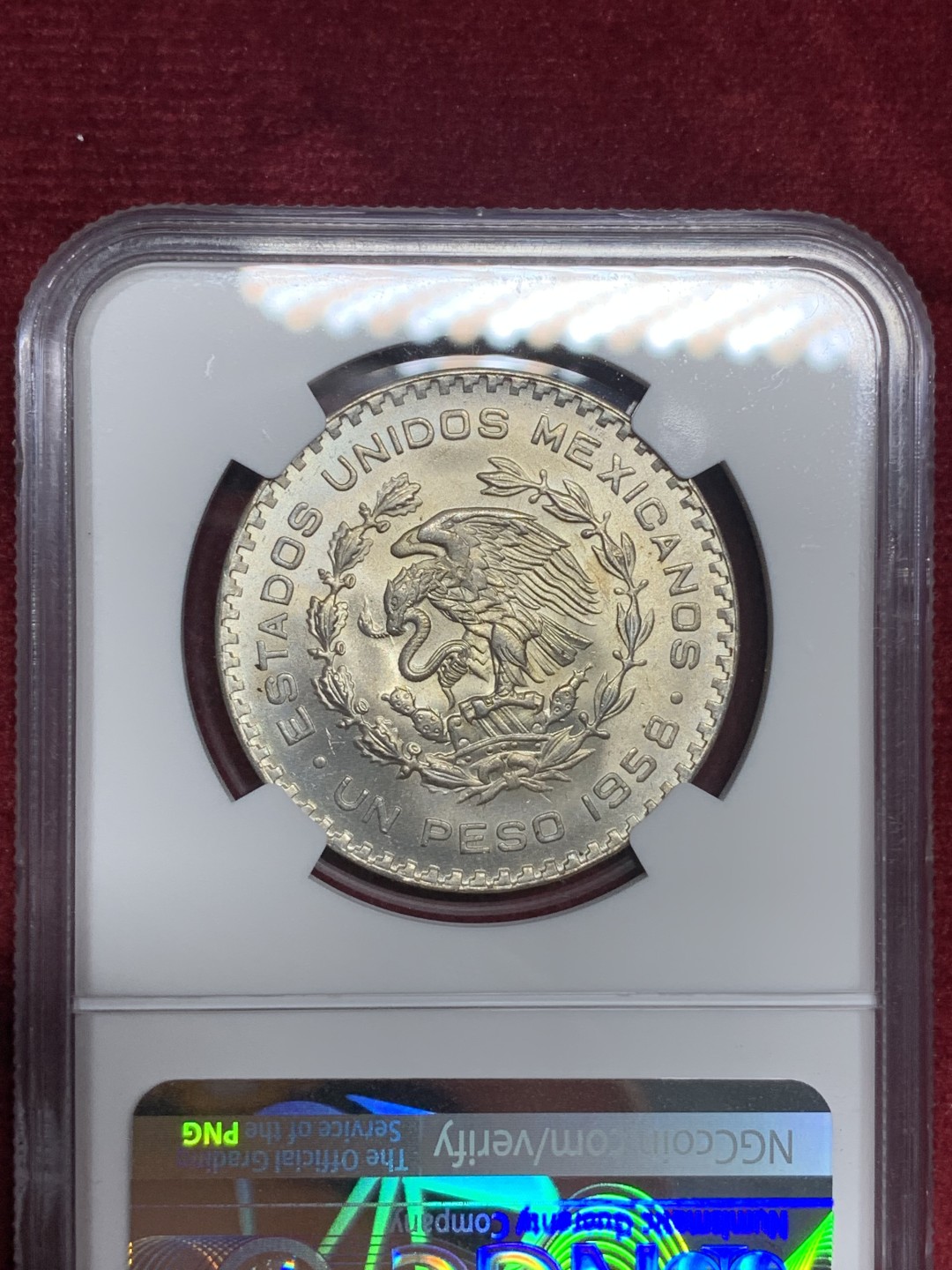 《竞宝斋》第76场-本周日，周一2场连拍（全场不限金额包邮） NGC-MS64 墨西哥 1958年 1比索小鹰洋 银币 原光品相一流