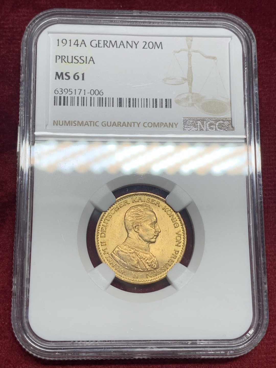 《竞宝斋》第76场-本周日，周一2场连拍（全场不限金额包邮） NGC-MS61 德国普鲁士 1914年 威廉二世军装版 20马克金币 很漂亮的转光