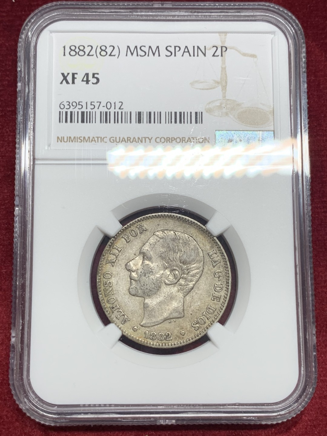 《竞宝斋》第76场-本周日，周一2场连拍（全场不限金额包邮） NGC-XF45 西班牙1882年 阿方索十二世 2比塞塔小双柱银币 老包浆细节也不错 出分不易