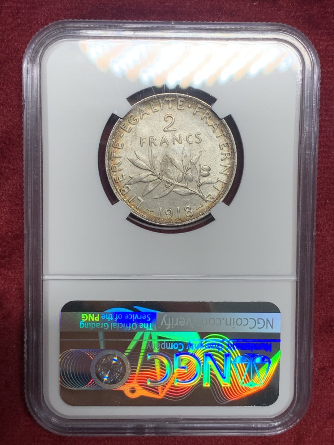 《竞宝斋》第76场-本周日，周一2场连拍（全场不限金额包邮） NGC-MS63 法国1918年 播种女神2法郎 银币 一流的好品