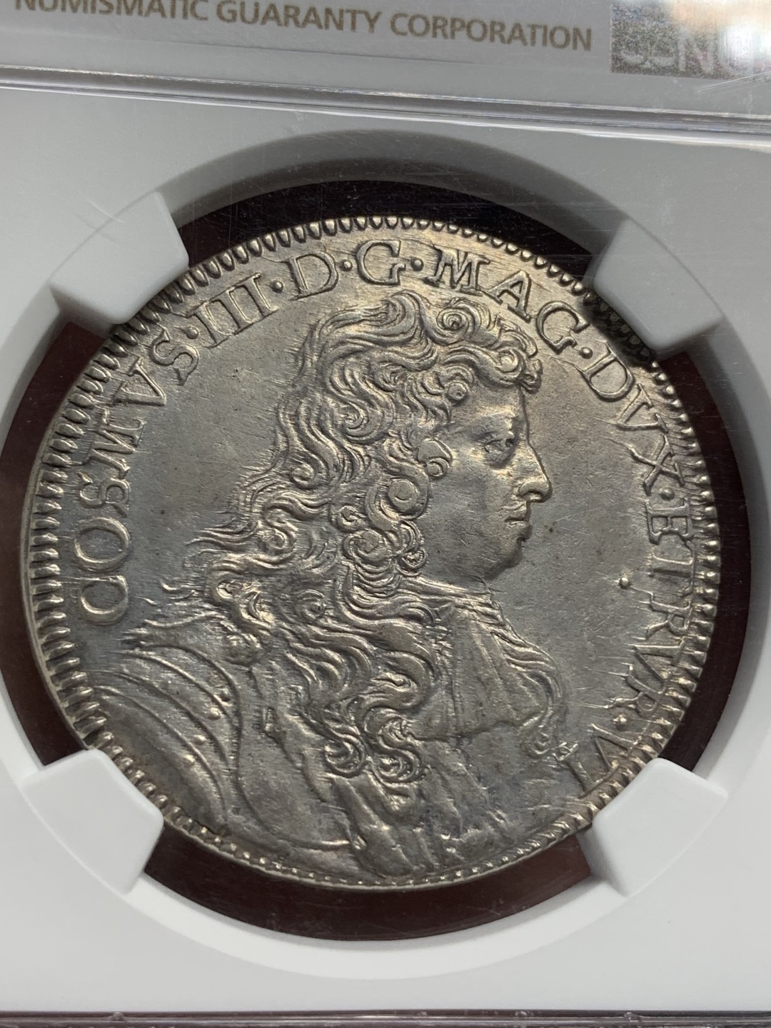 《竞宝斋》第76场-本周日，周一2场连拍（全场不限金额包邮） 唯一冠军 NGC MS63意大利托斯卡纳大公国1676年科西莫三世·德·美第奇1/2piastre。佛罗伦萨铸。单年版，19年一枚略差的裸币 2.7W成交