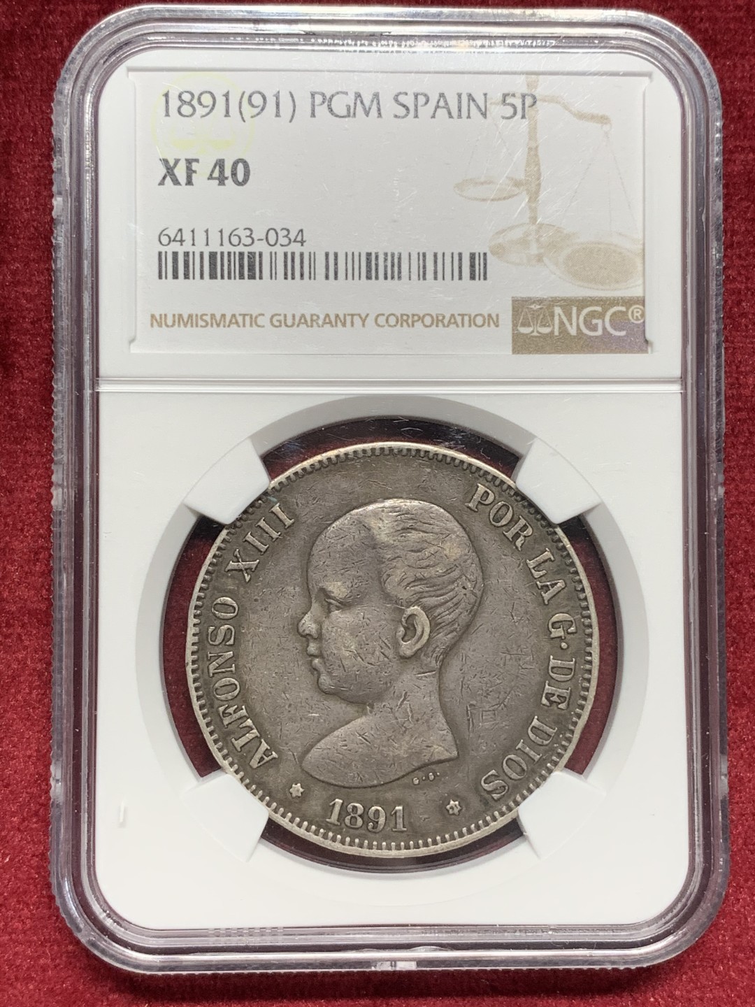 《竞宝斋》第76场-本周日，周一2场连拍（全场不限金额包邮） NGC XF40  西班牙 1891年阿方索十三世5比塞塔银币 醇黑包浆好品