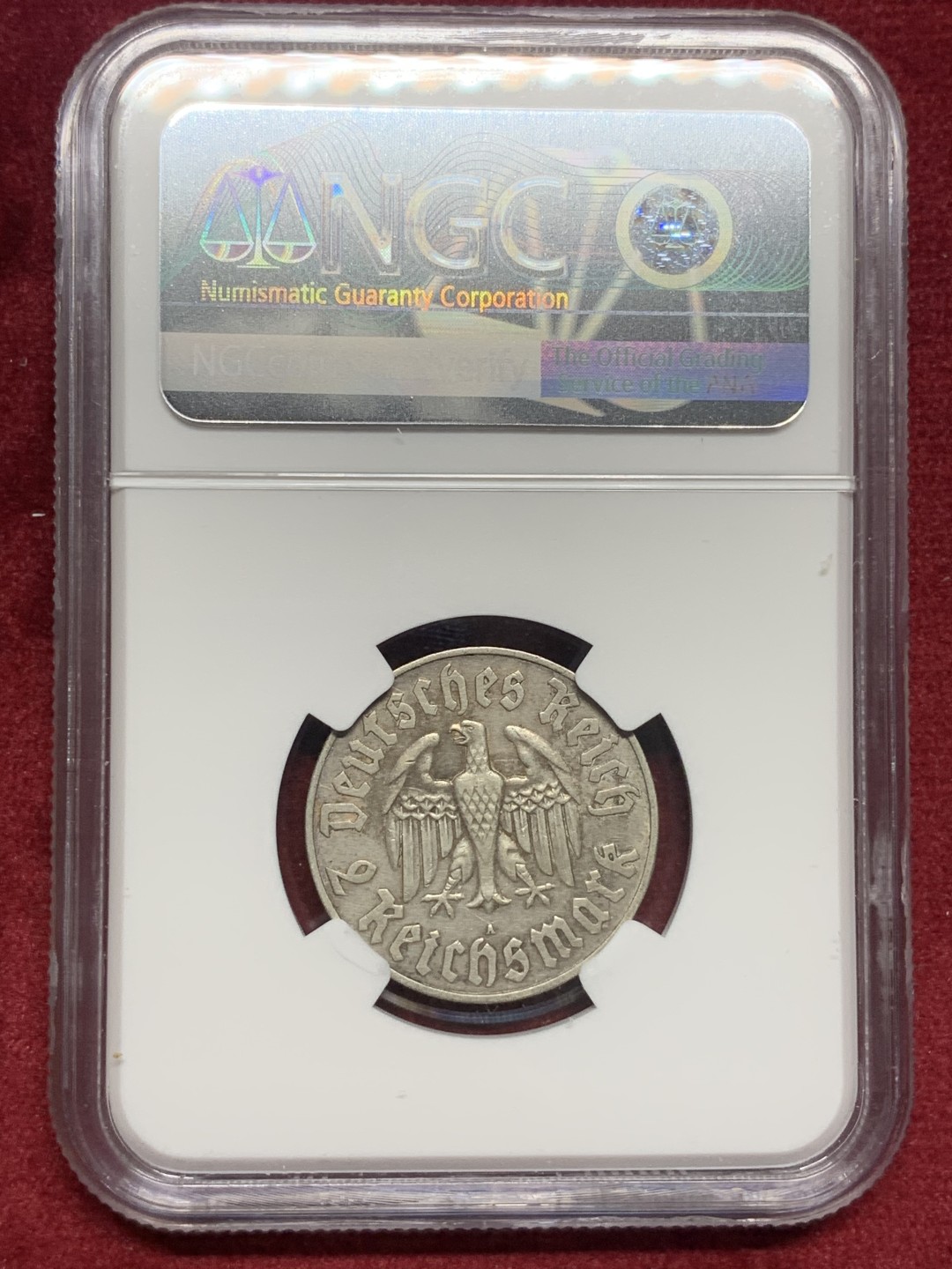 《竞宝斋》第76场-本周日，周一2场连拍（全场不限金额包邮） NGC-AU50 德国第三帝国马丁路德 1933年A厂 2马克 银币 发行量较少 细节清晰