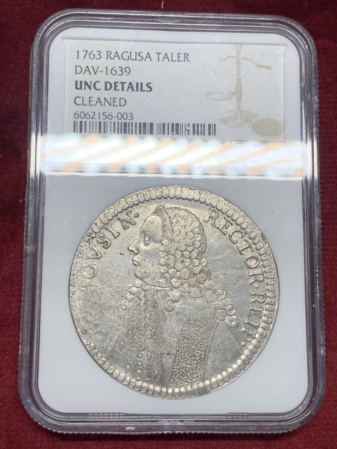 《竞宝斋》第76场-本周日，周一2场连拍（全场不限金额包邮） NGC UNC 1763年拉古萨一泰勒大银币正面细节好，背面这个品种普遍减重痕