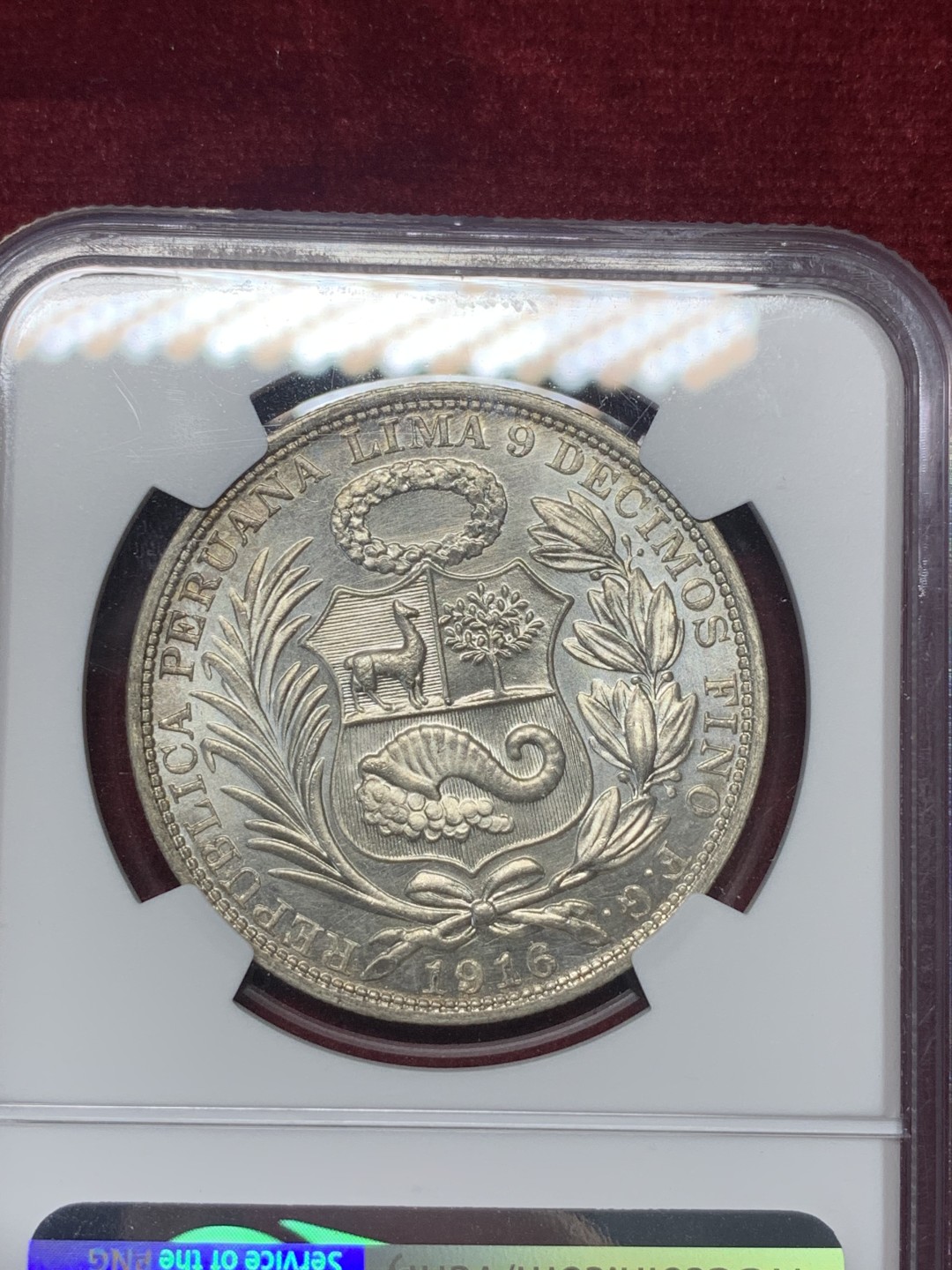 《竞宝斋》第76场-本周日，周一2场连拍（全场不限金额包邮） NGC-MS62 1916年 秘鲁1索尔 坐人大银币 银光强烈，环彩包浆，绝对低评的状态。南美洲银币涨势明显，上车就是现在！