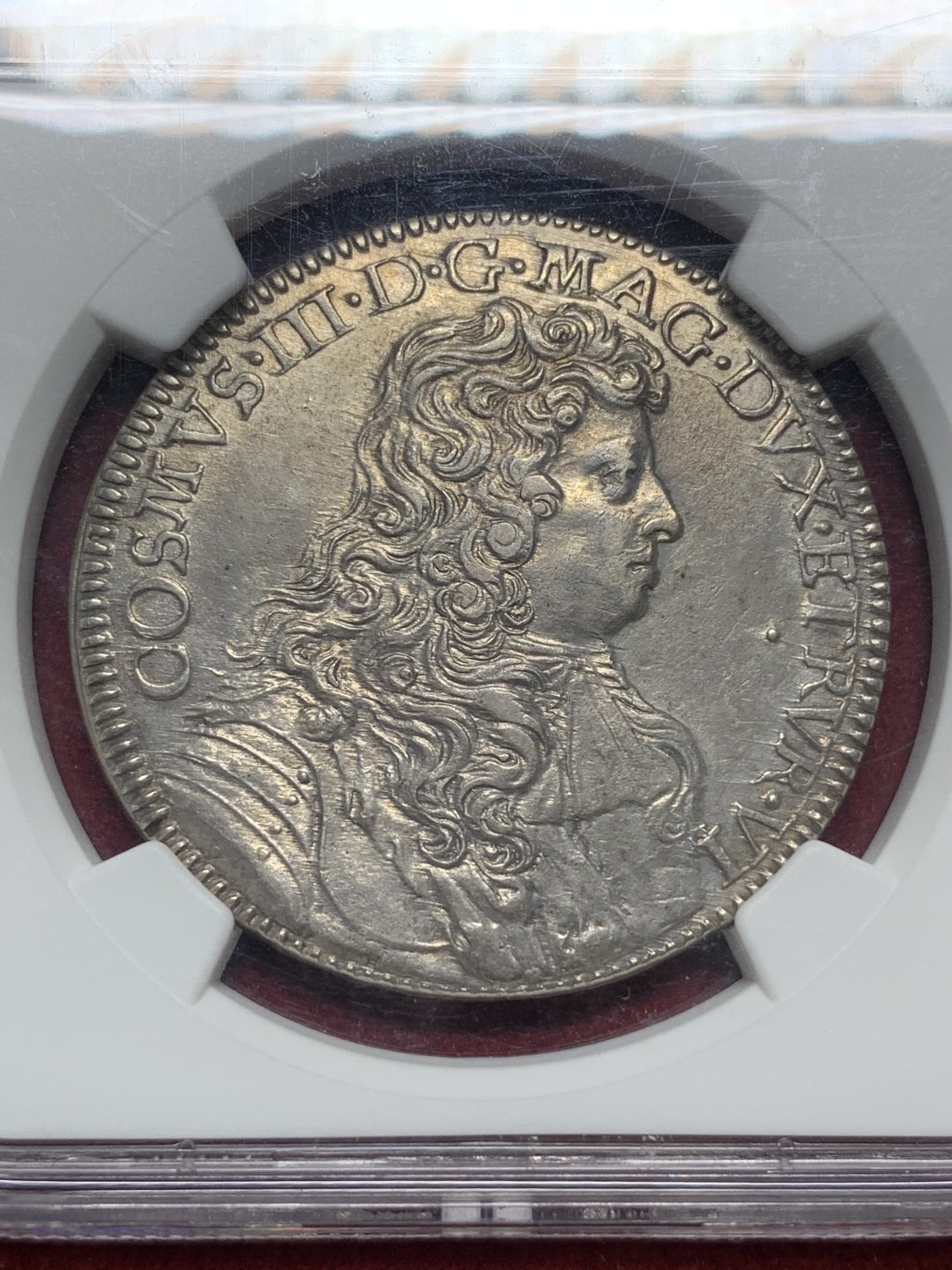 《竞宝斋》第76场-本周日，周一2场连拍（全场不限金额包邮） 唯一冠军 NGC MS63意大利托斯卡纳大公国1676年科西莫三世·德·美第奇1/2piastre。佛罗伦萨铸。单年版，19年一枚略差的裸币 2.7W成交