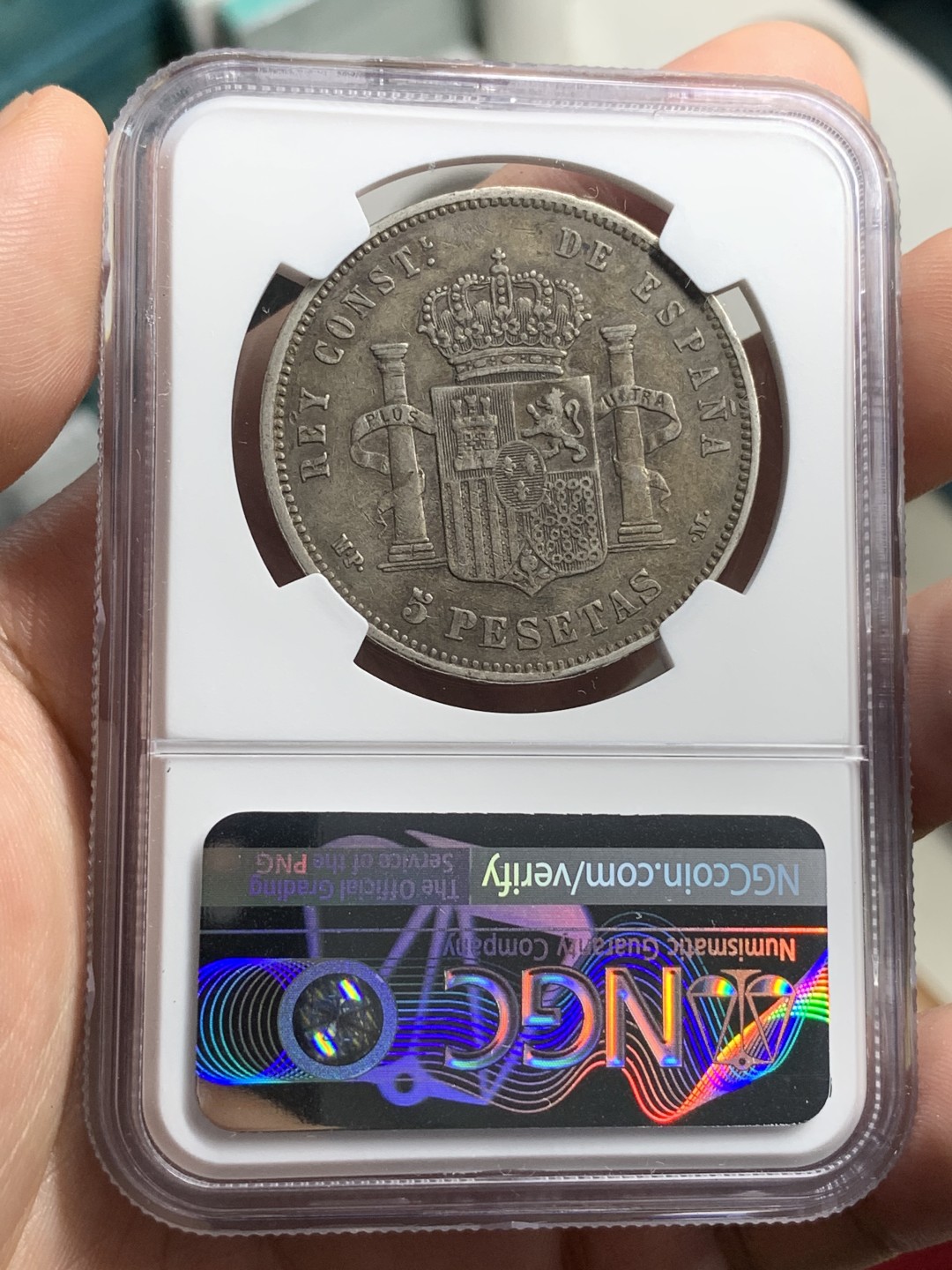 《竞宝斋》第76场-本周日，周一2场连拍（全场不限金额包邮） NGC-XF40 西班牙 1888年 阿方索十三世光头版 5比塞塔双柱大银币 发财年份