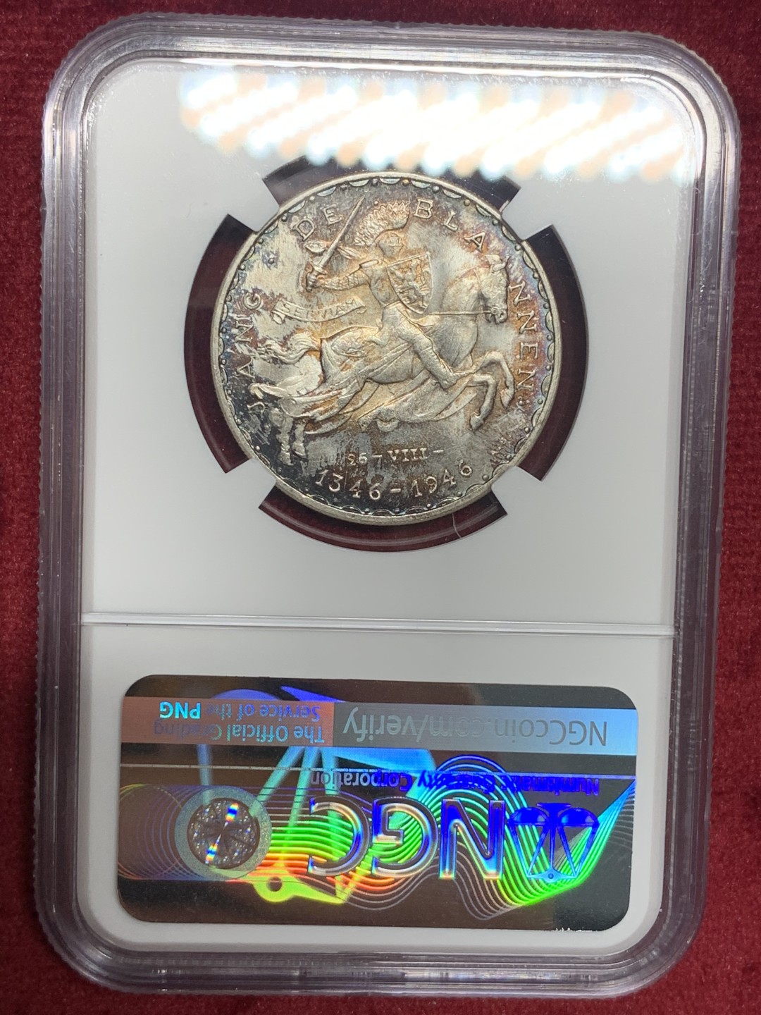 《竞宝斋》第76场-本周日，周一2场连拍（全场不限金额包邮） NGC-MS63 卢森堡 1946年 马剑 50法郎 银币少见品种