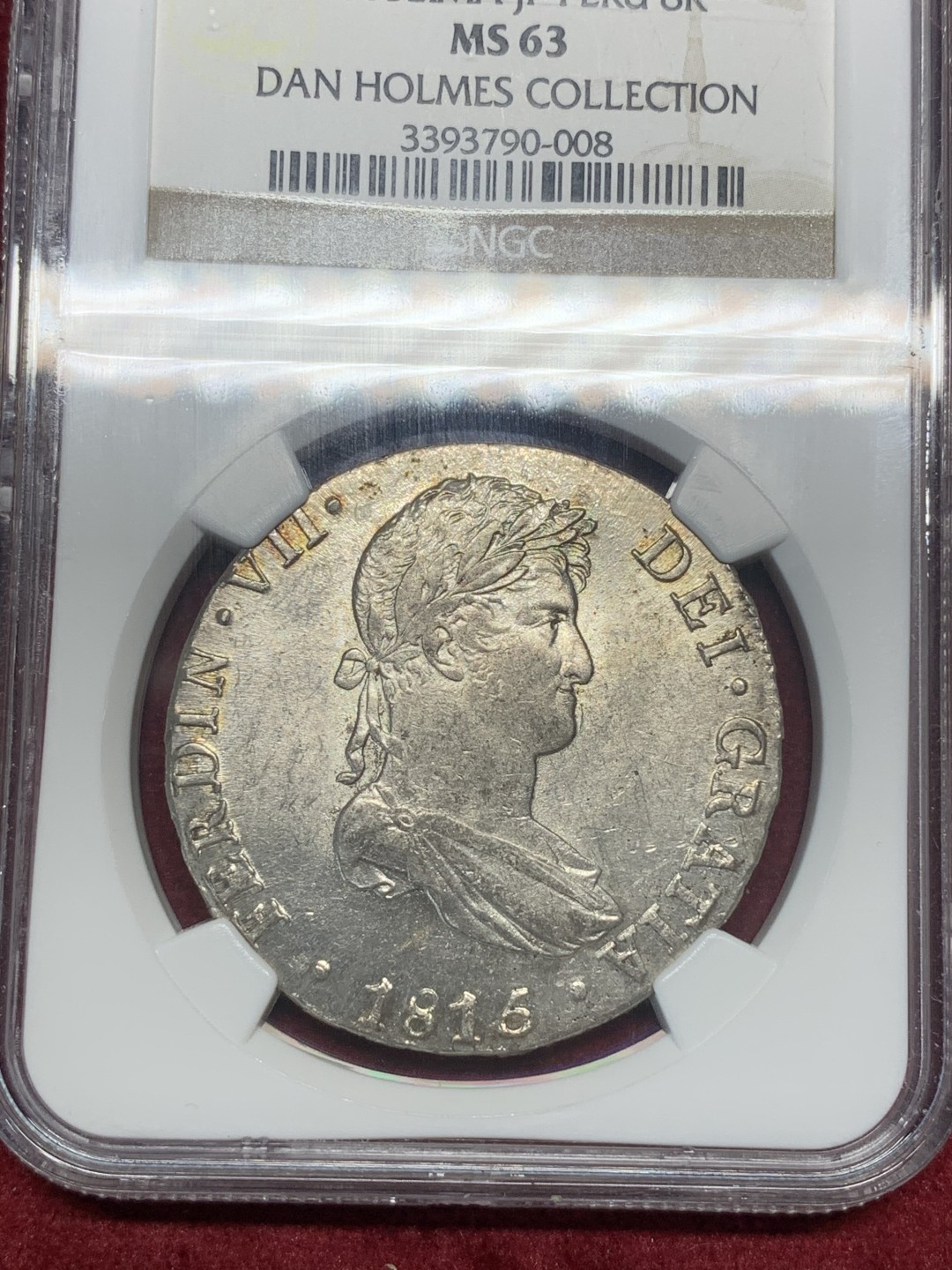 《竞宝斋》第76场-本周日，周一2场连拍（全场不限金额包邮） 亚军分 NGC MS63 秘鲁 1815年 费七 8R 双柱大银币 状态好 双面深打 名家旧藏 值得收集