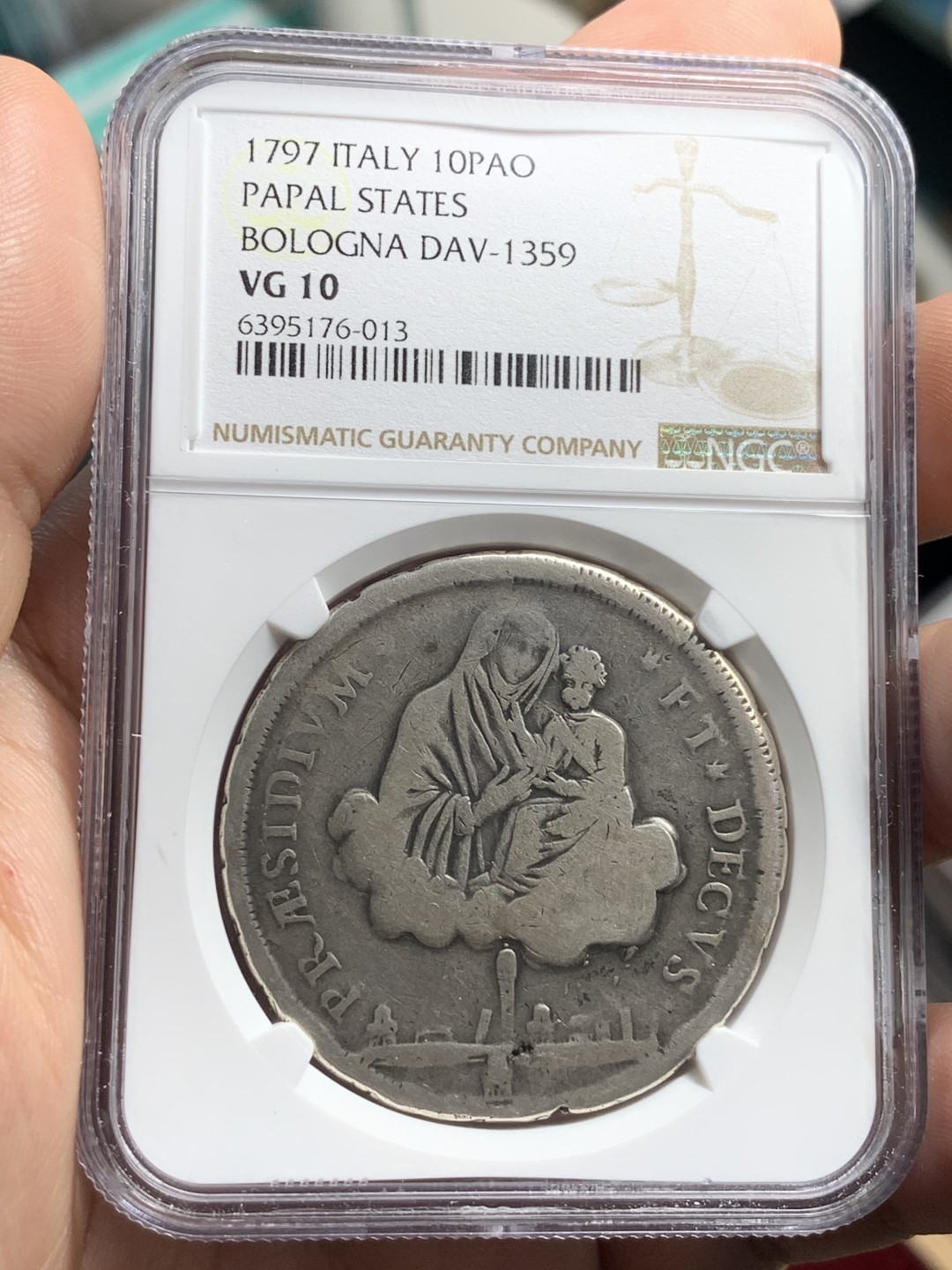 《竞宝斋》第76场-本周日，周一2场连拍（全场不限金额包邮） NGC-VF10 意大利博洛尼亚 1797年10宝利 圣母抱婴 大银币 稀少品种 难得出分