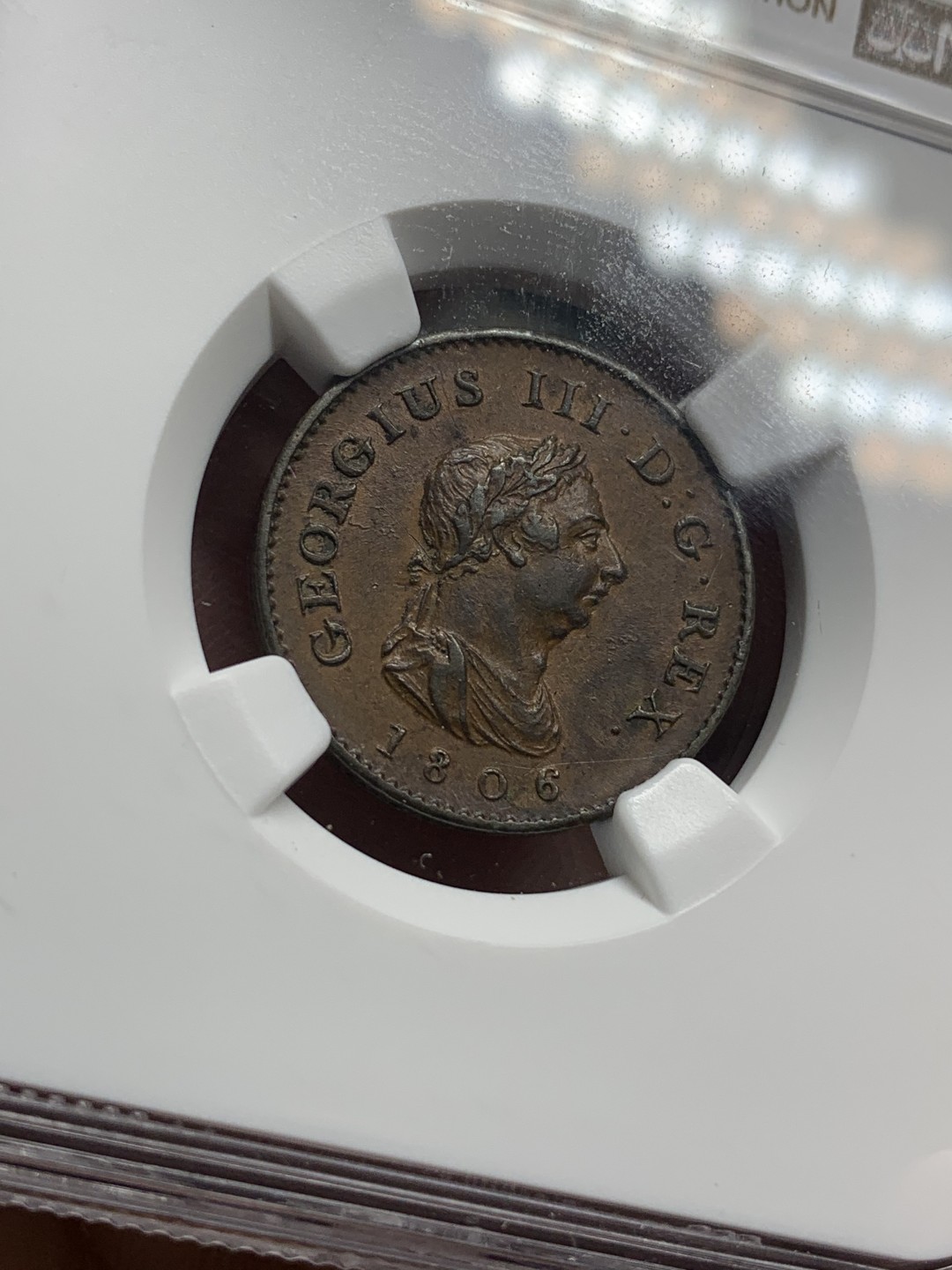 《竞宝斋》第76场-本周日，周一2场连拍（全场不限金额包邮） NGC-AU55BN 英国1806年1/4便士铜币 非常苛刻的严评 人像面高点几无损失