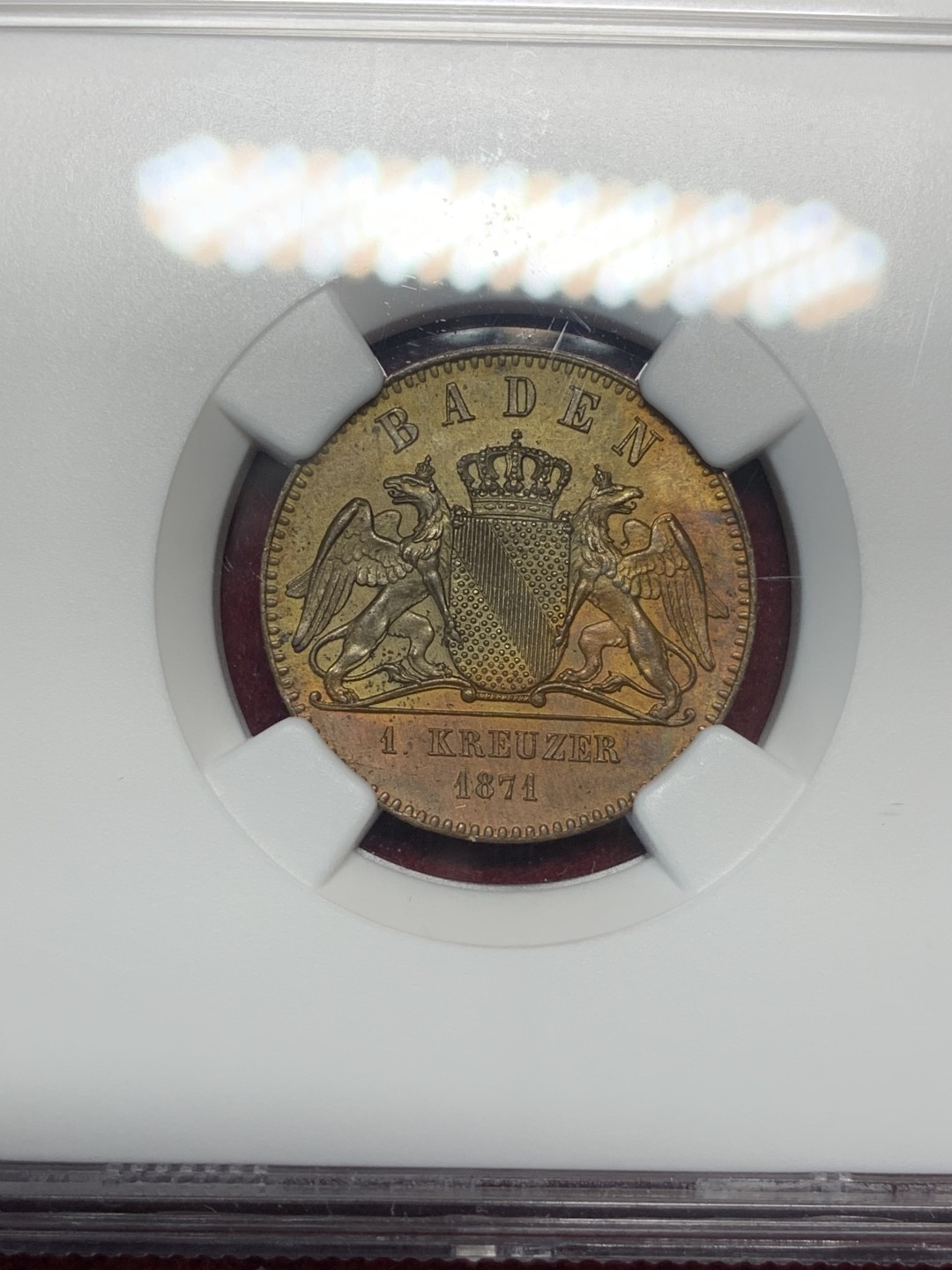 《竞宝斋》第76场-本周日，周一2场连拍（全场不限金额包邮） NGC-MS61BN  德国巴登1871年普法胜利双狮1K ，品很好明显低评很多