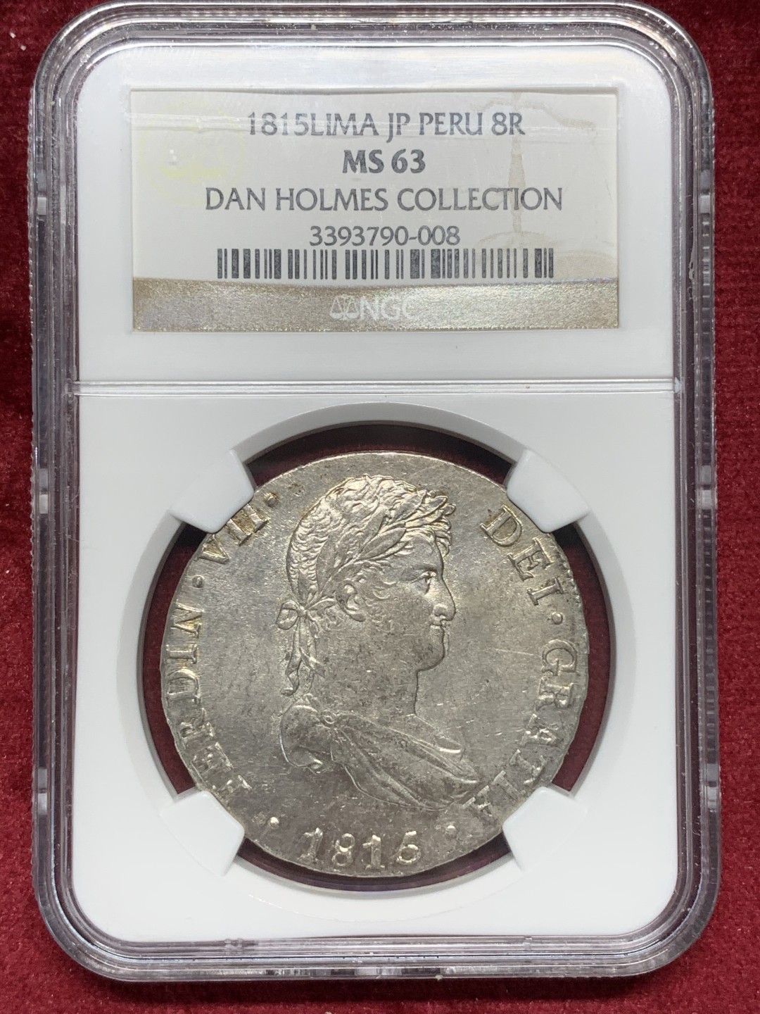 《竞宝斋》第76场-本周日，周一2场连拍（全场不限金额包邮） 亚军分 NGC MS63 秘鲁 1815年 费七 8R 双柱大银币 状态好 双面深打 名家旧藏 值得收集