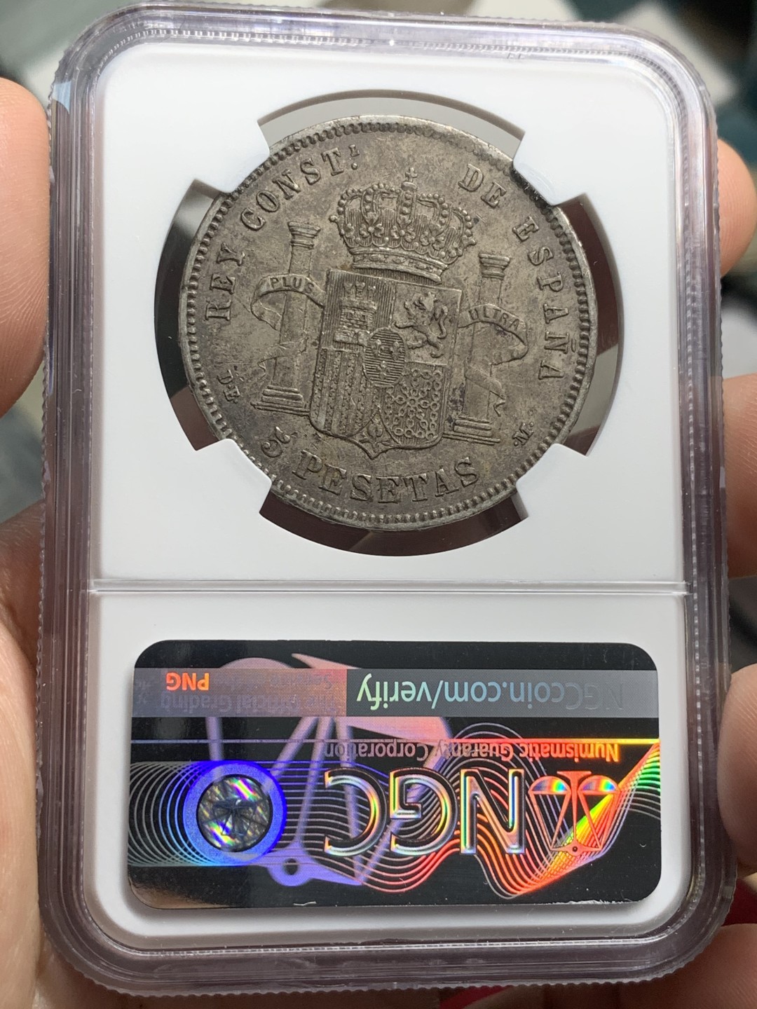 《竞宝斋》第76场-本周日，周一2场连拍（全场不限金额包邮） NGC-XF 西班牙1878年 阿方索十二世 5比塞塔双柱 大银币 有小戳 细节都不错