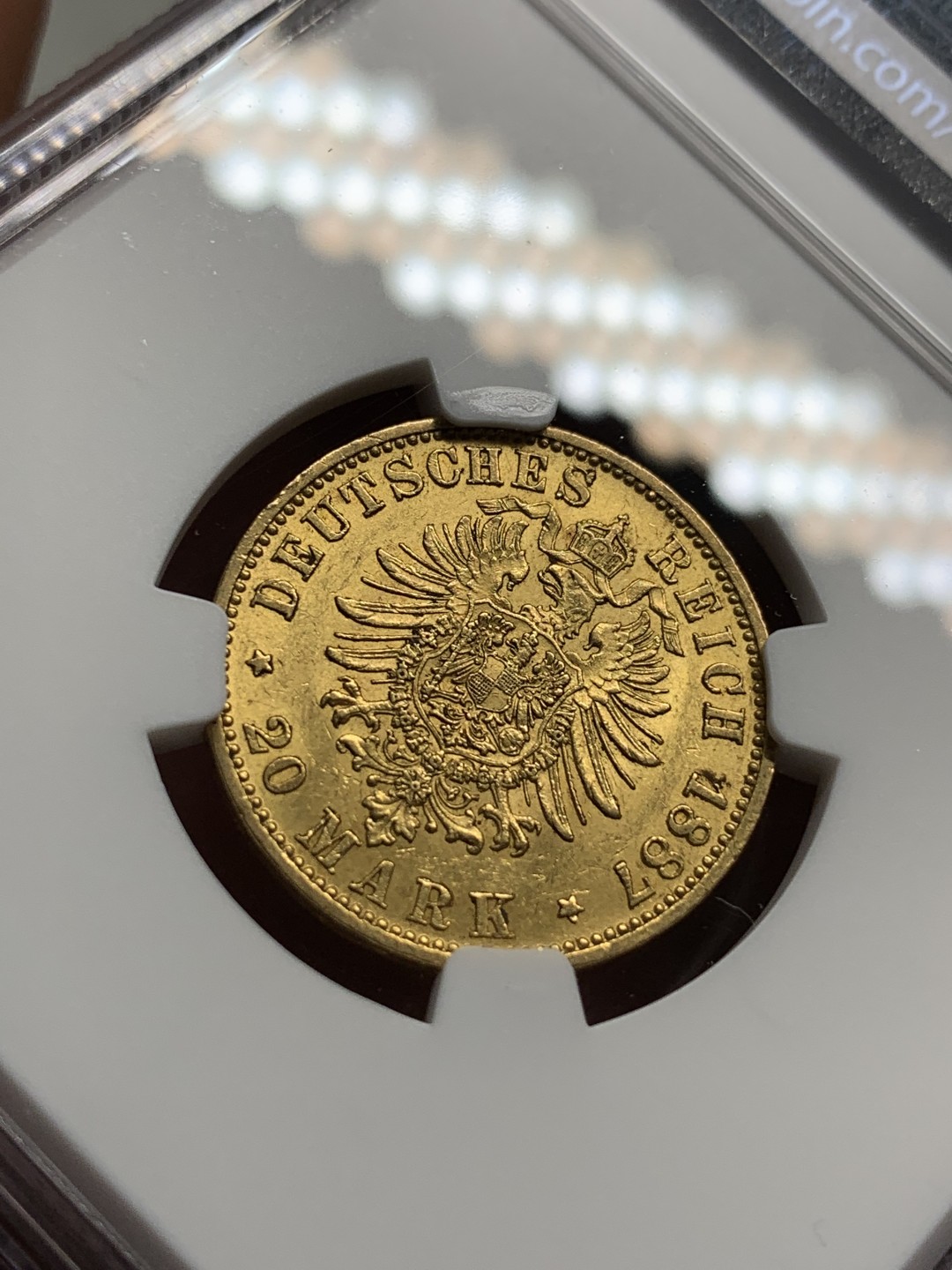 《竞宝斋》第76场-本周日，周一2场连拍（全场不限金额包邮） NGC-AU58 德国普鲁士 1887年 威廉一世 20马克金币 早期版本有这分数已经很难得了