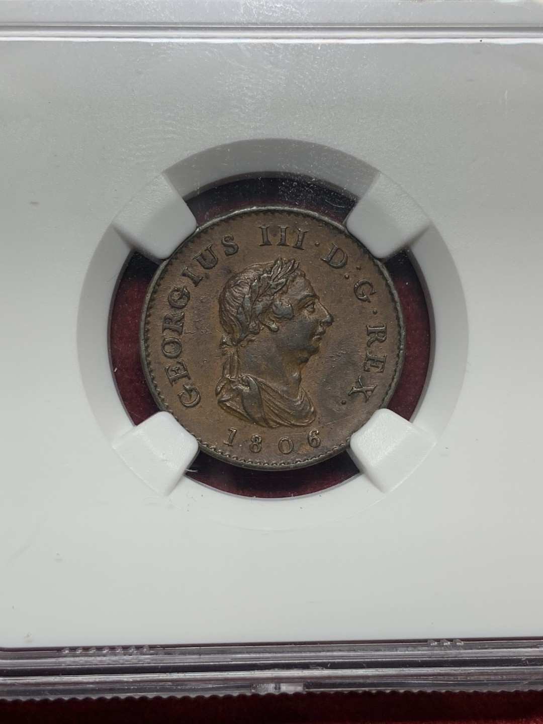 《竞宝斋》第76场-本周日，周一2场连拍（全场不限金额包邮） NGC-AU55BN 英国1806年1/4便士铜币 非常苛刻的严评 人像面高点几无损失