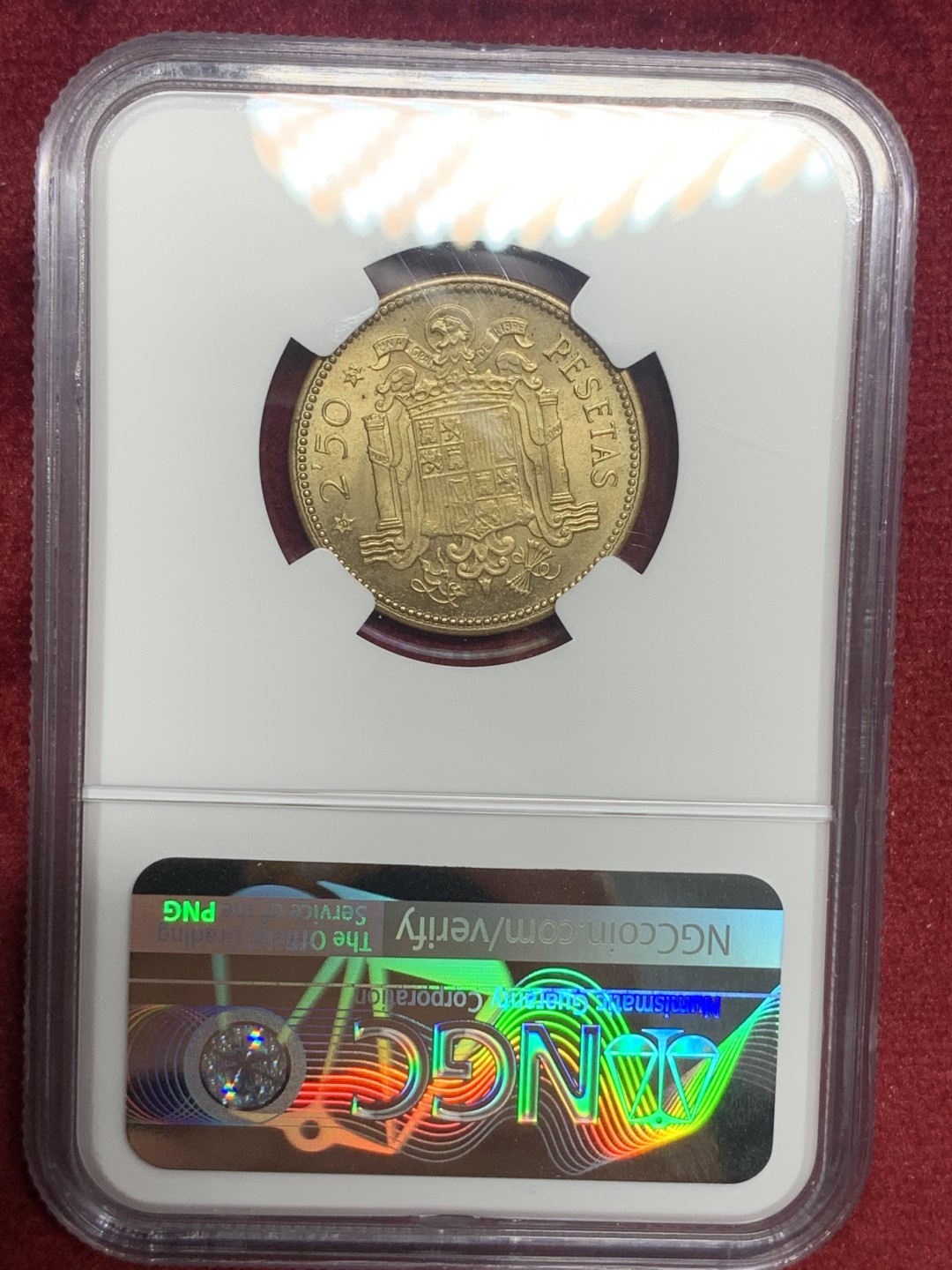 《竞宝斋》第76场-本周日，周一2场连拍（全场不限金额包邮） NGC-MS65 西班牙 1953年 佛朗哥 2.5比塞塔 铜币 少见面值 稀少品种