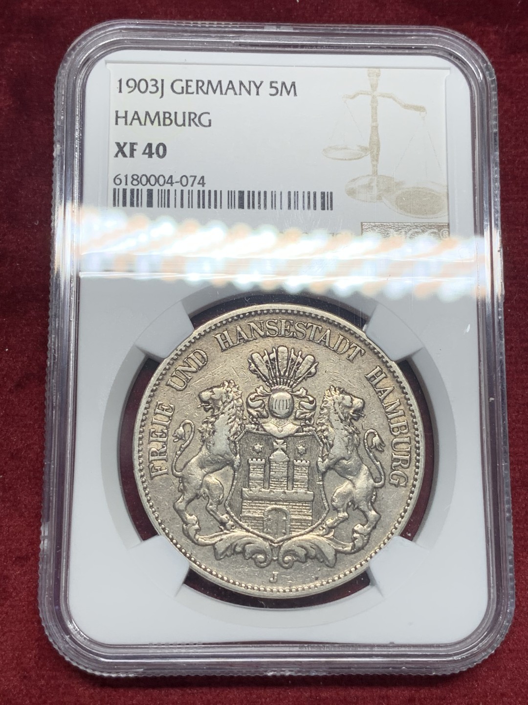 《竞宝斋》第76场-本周日，周一2场连拍（全场不限金额包邮） NGC-XF40 德国汉堡双狮 1903年J厂 5马克 银币 发行量较少 细节不错