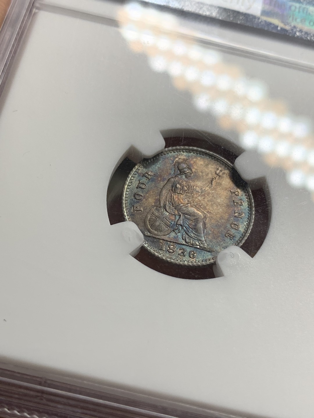 《竞宝斋》第76场-本周日，周一2场连拍（全场不限金额包邮） NGC-MS62 1836年英国 威廉四世 4便士银币 单枚成套 女神坐像版，主要用于英属圭亚那 双面五彩