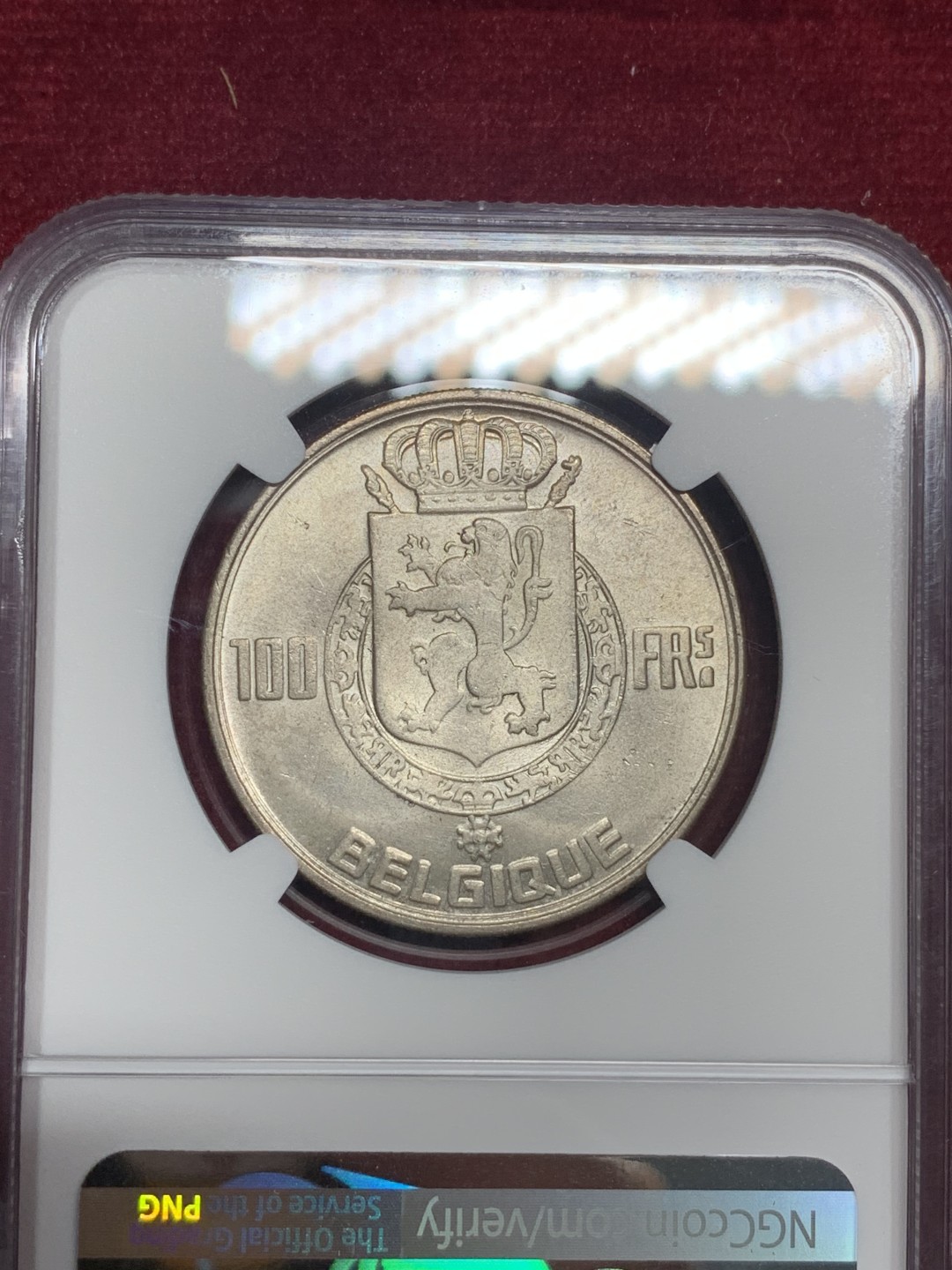 《竞宝斋》第76场-本周日，周一2场连拍（全场不限金额包邮） NGC-MS64 比利时 1954年 四皇头像 法语版 100法郎大银币 顶级好品