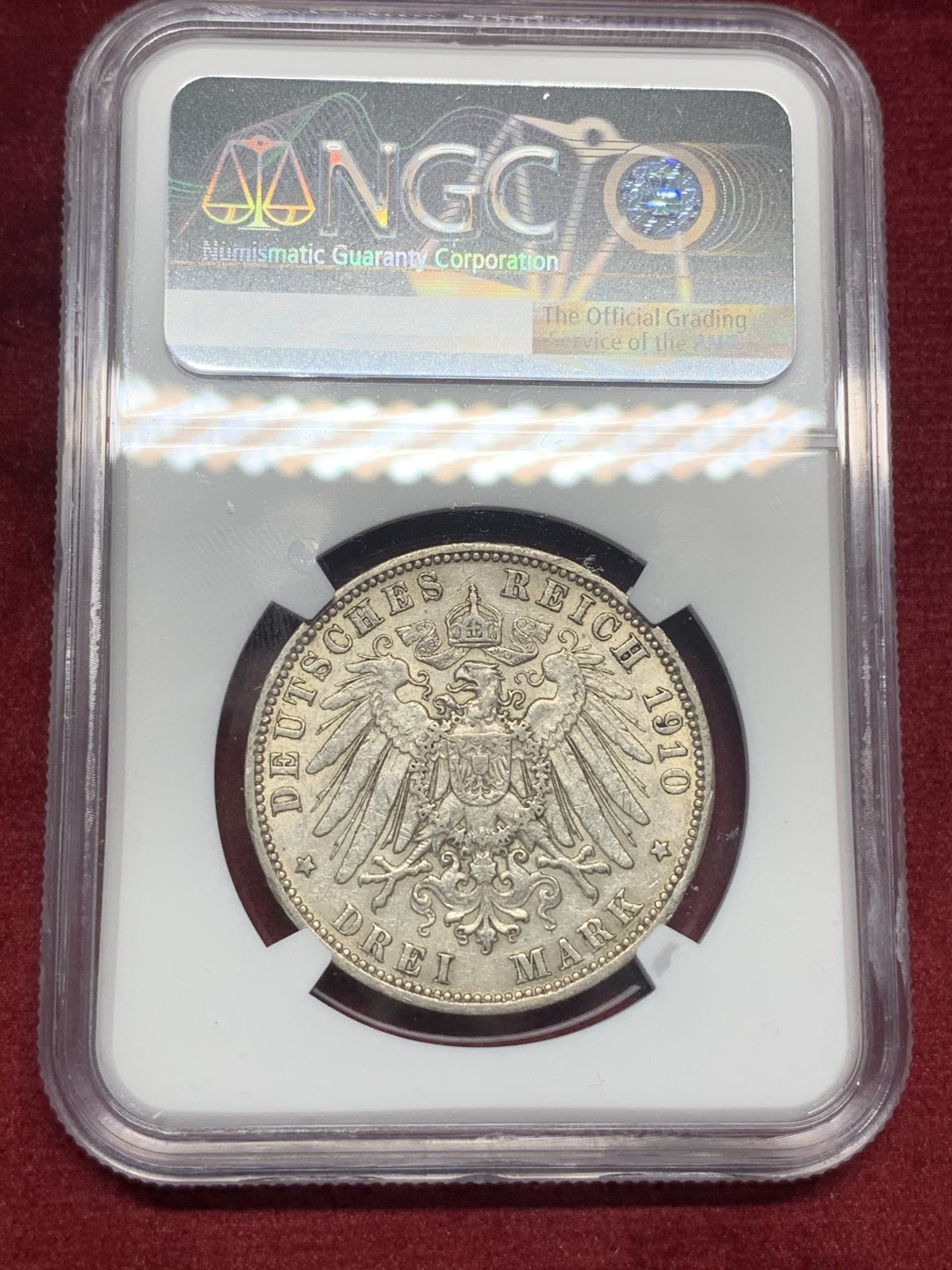 《竞宝斋》第76场-本周日，周一2场连拍（全场不限金额包邮） NGC-AU55 德国汉堡双狮 1910年J厂 3马克 银币 发行量较少 细节清晰