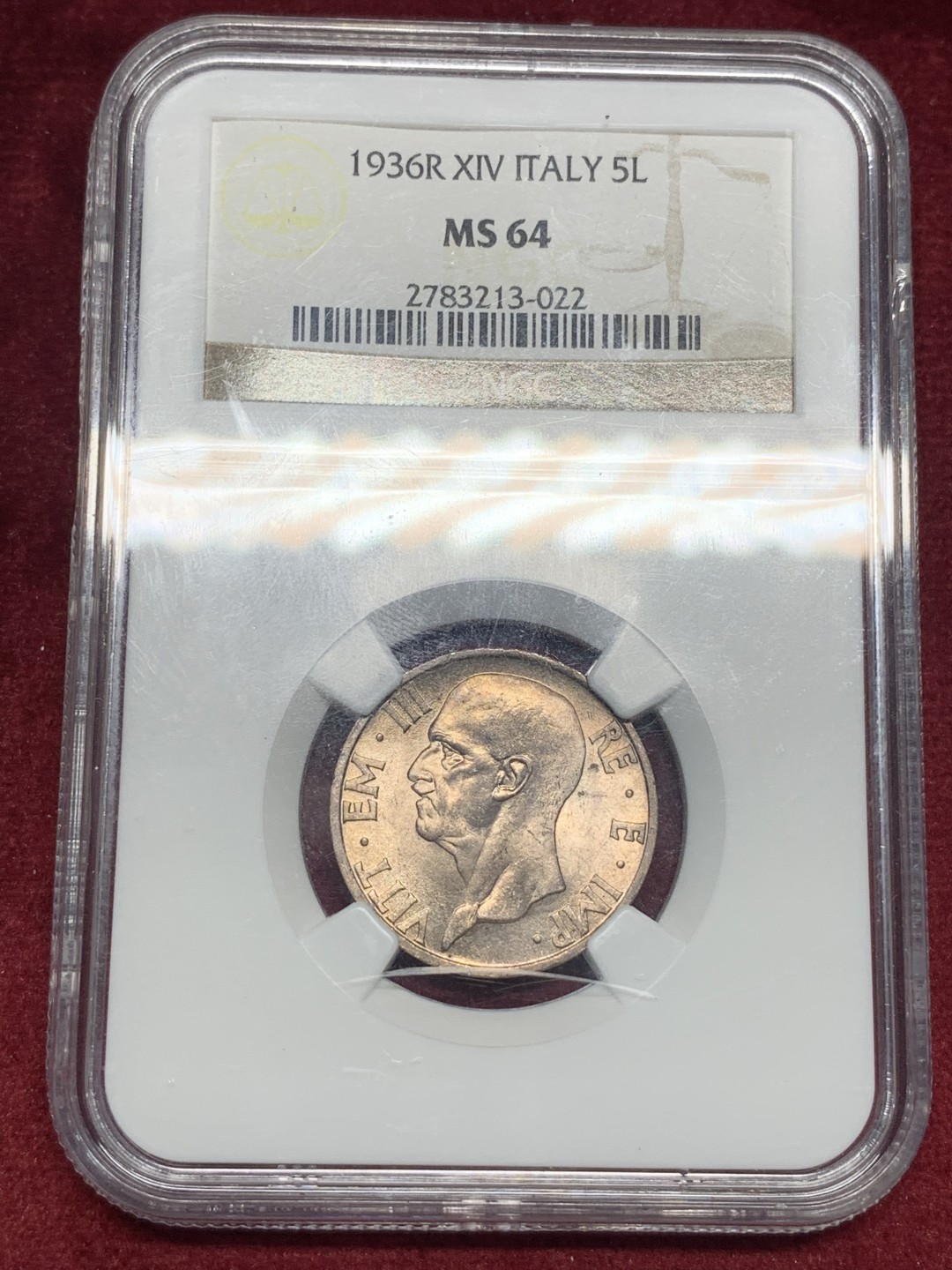 《竞宝斋》第76场-本周日，周一2场连拍（全场不限金额包邮） NGC MS64意大利王国1936年5里拉，强转光，极好的状态。