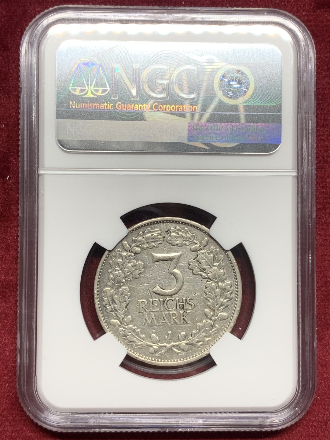 《竞宝斋》第76场-本周日，周一2场连拍（全场不限金额包邮） NGC-XFD 德国魏玛时期莱茵千年 1925年J厂  3马克 银币 细节清晰