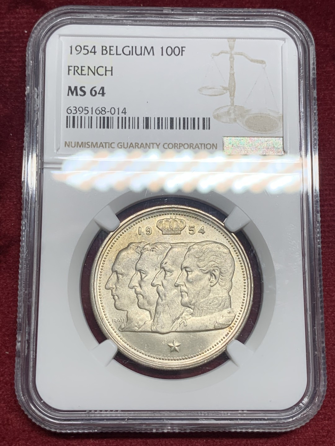 《竞宝斋》第76场-本周日，周一2场连拍（全场不限金额包邮） NGC-MS64 比利时 1954年 四皇头像 法语版 100法郎大银币 顶级好品