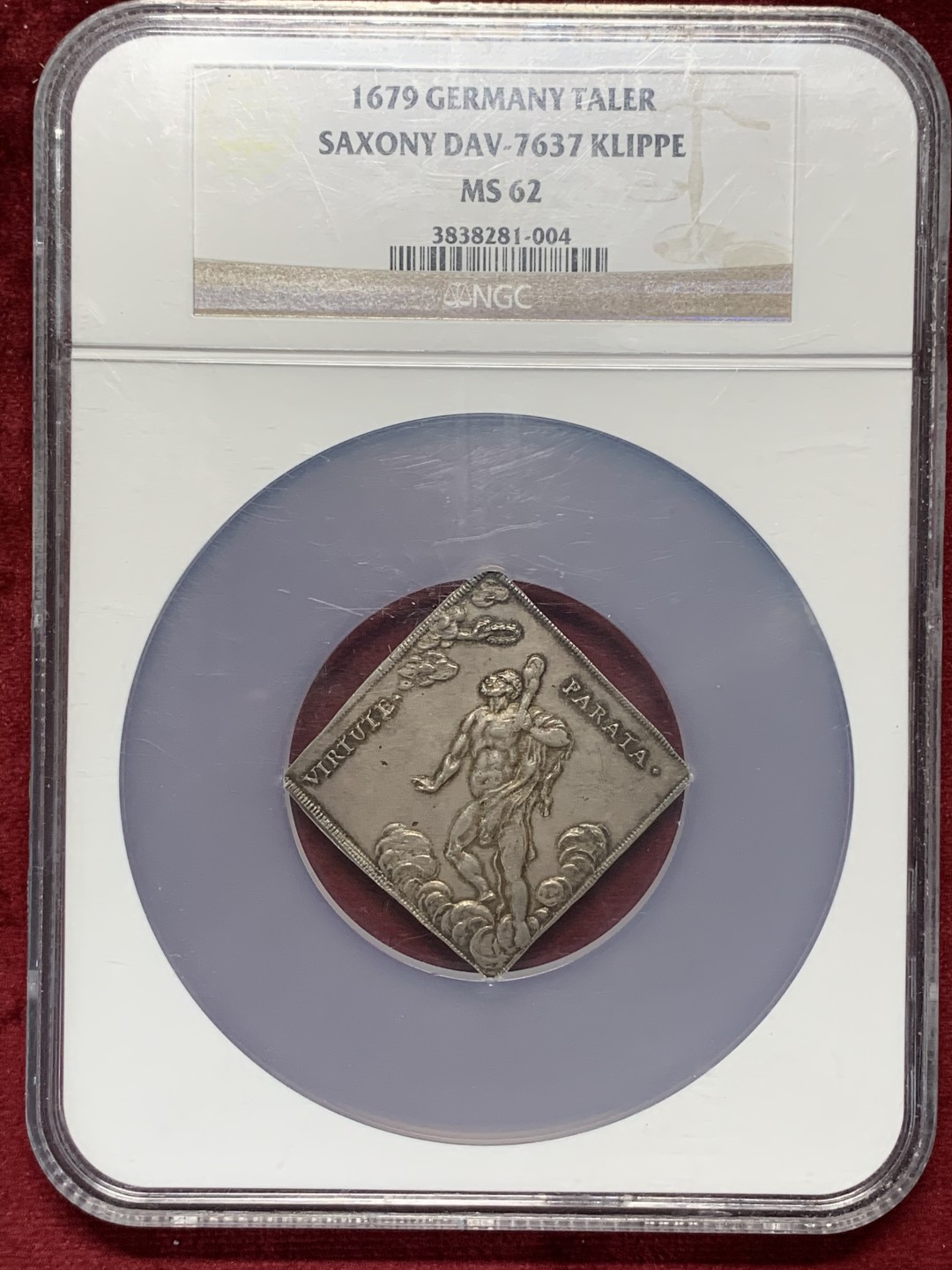 《竞宝斋》第76场-本周日，周一2场连拍（全场不限金额包邮） NGC MS62 1679年萨克森奈梅亨和平方型泰勒 纪念法荷战争结束奈梅亨条约缔结的泰勒，稀少品种，唯一冠军分