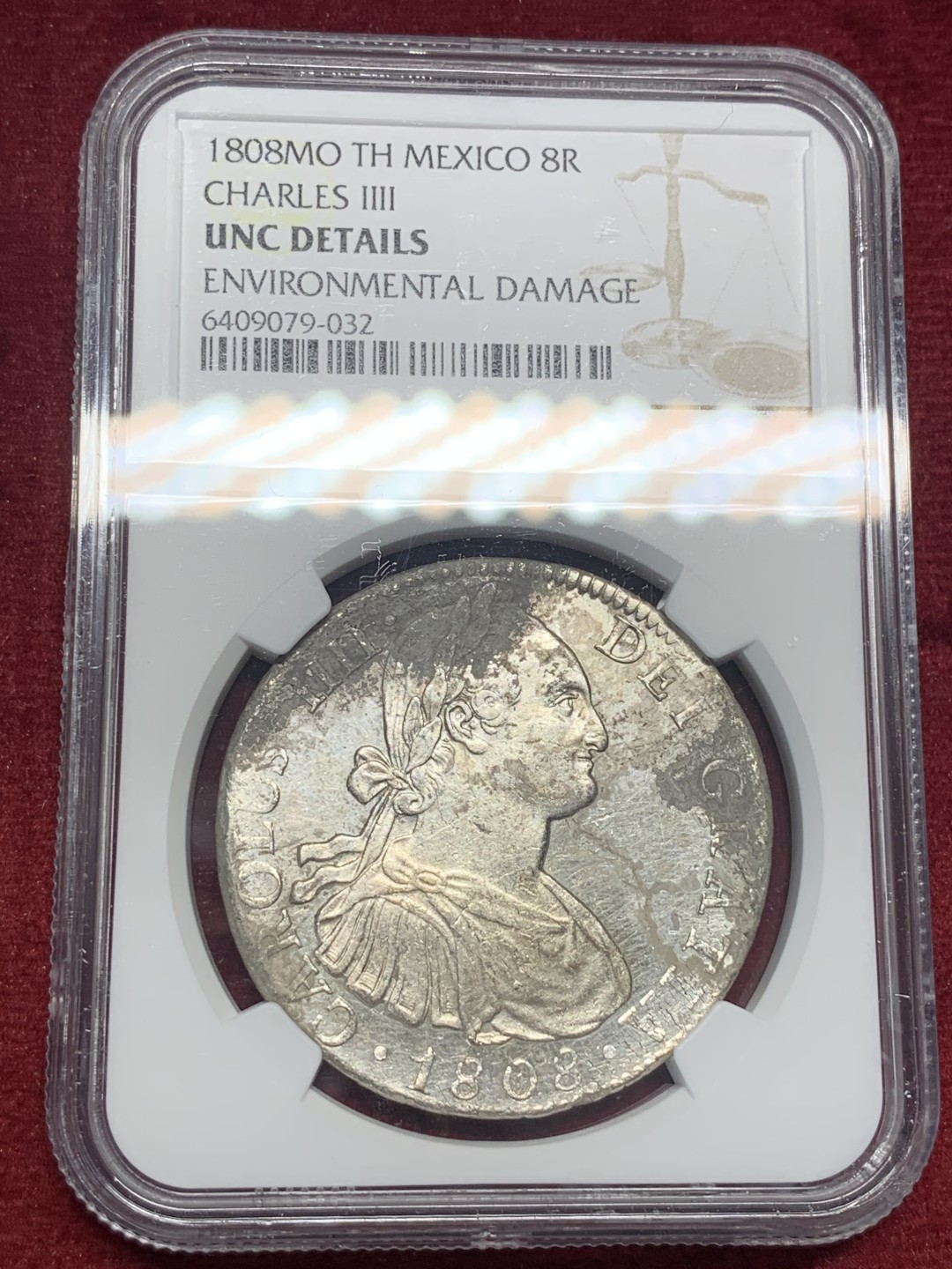 《竞宝斋》第76场-本周日，周一2场连拍（全场不限金额包邮） NGC UNC 墨西哥 1808年 卡四双柱8R 大银币  双面深打 银光十足