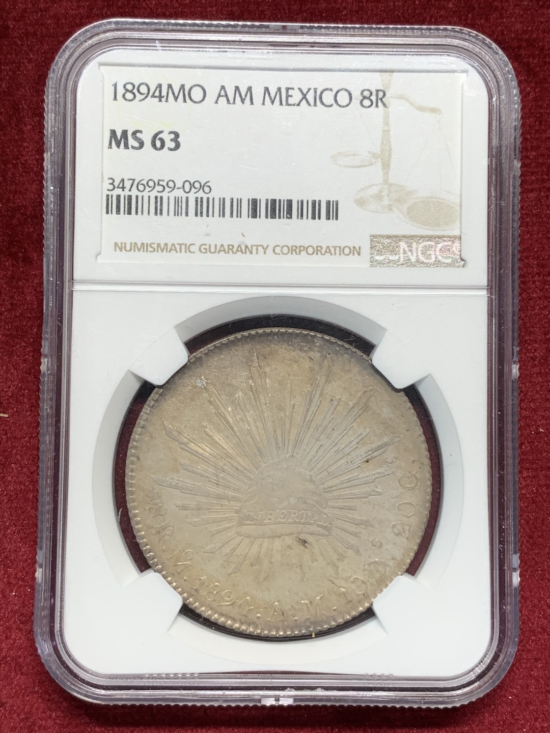 《竞宝斋》第76场-本周日，周一2场连拍（全场不限金额包邮） NGC MS63墨西哥1894年花边鹰洋8R银币 味道币一枚 底光 包浆 皆有