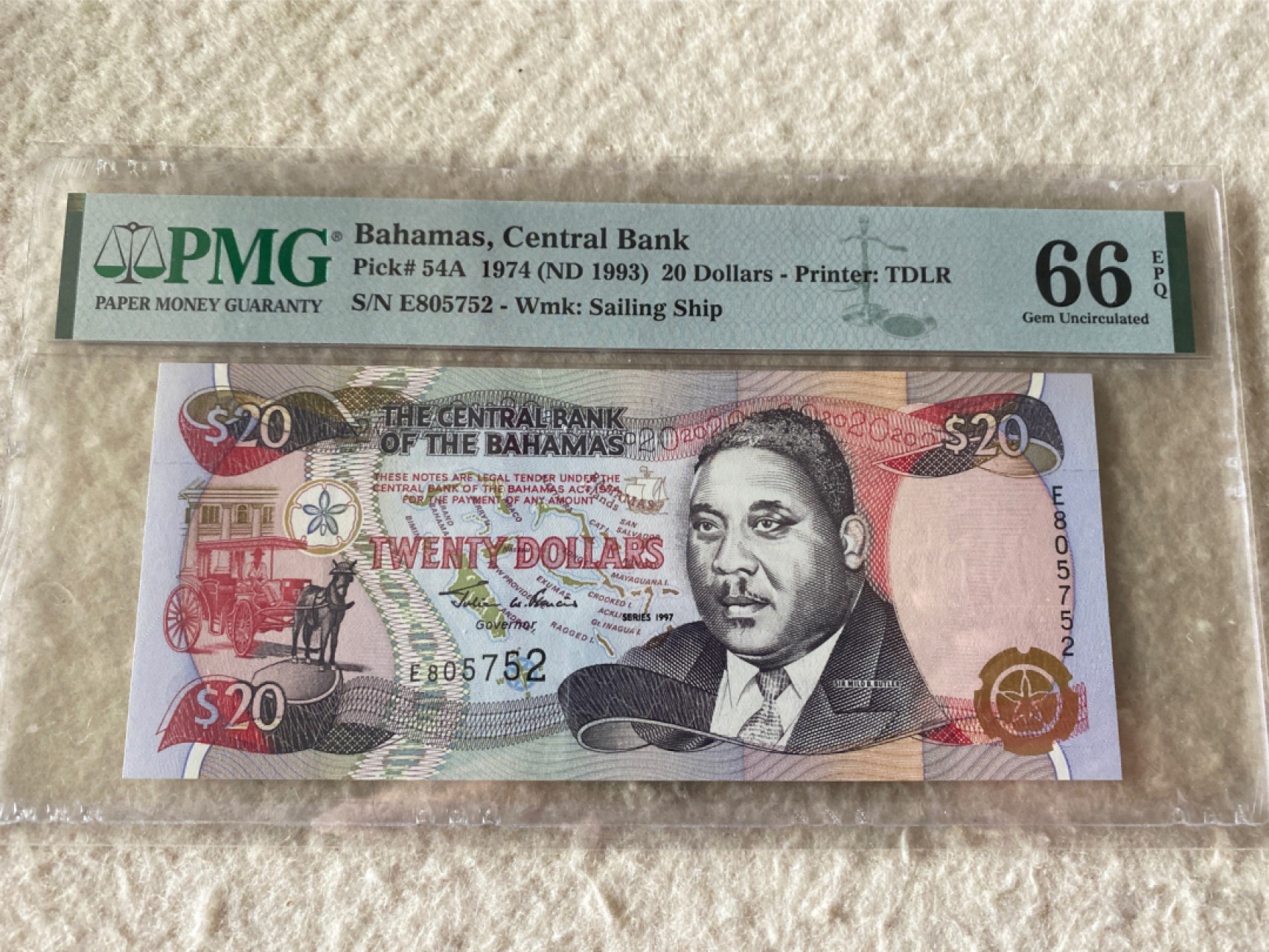 收藏联盟Quantum Auction 第177期拍卖 1974年巴哈马20元 PMG66E
