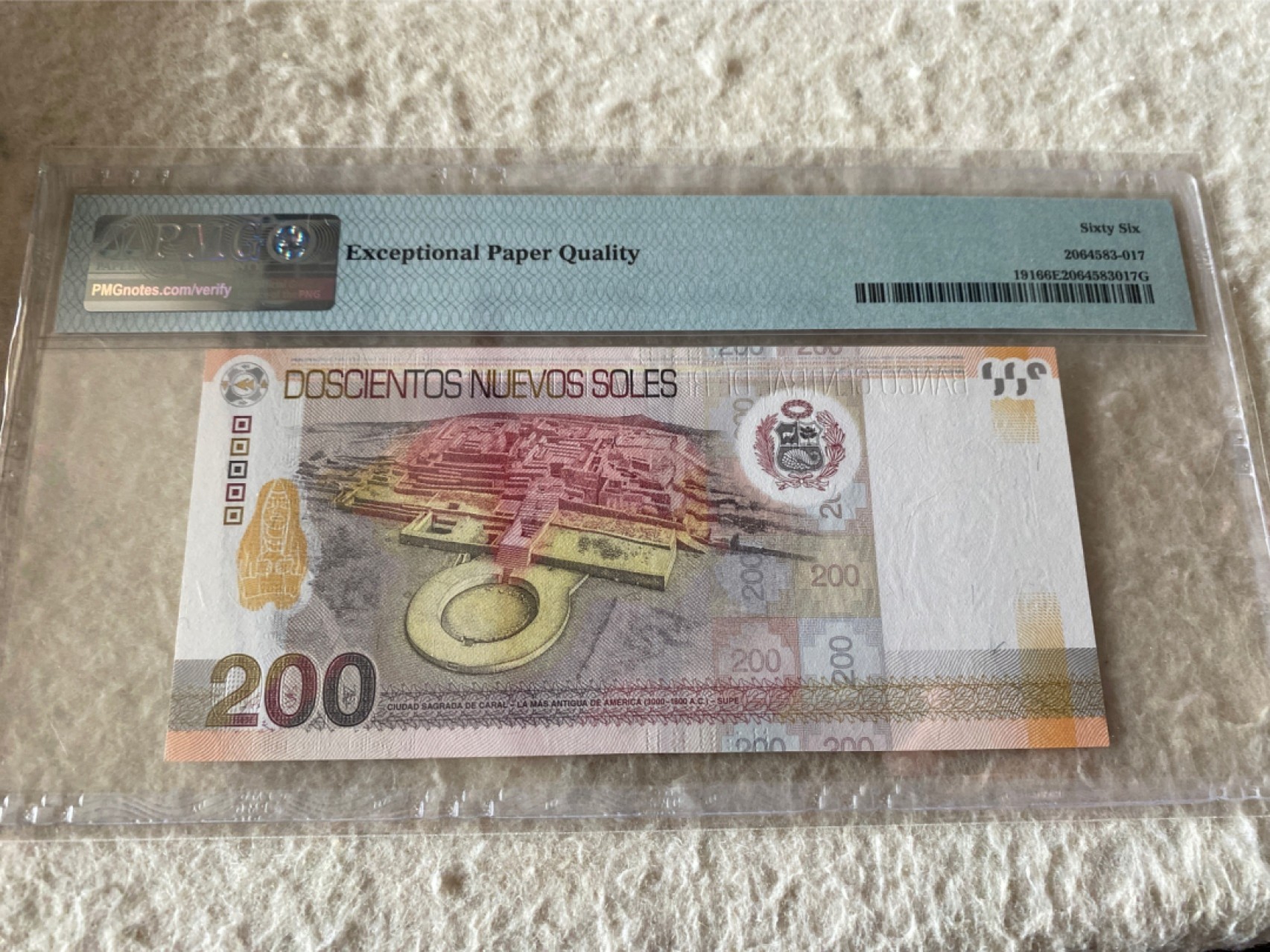 收藏联盟Quantum Auction 第177期拍卖 秘鲁2012年200索尔 PMG66E 美洲文明起源地——卡拉尔圣城