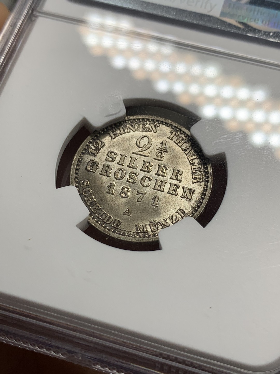 《竞宝斋》第76场-本周日，周一2场连拍（全场不限金额包邮） NGC-MS64 德国 普鲁士1871年2.5格罗申银币 车轮转光 金色包浆 收藏级完美品相精品德系辅币