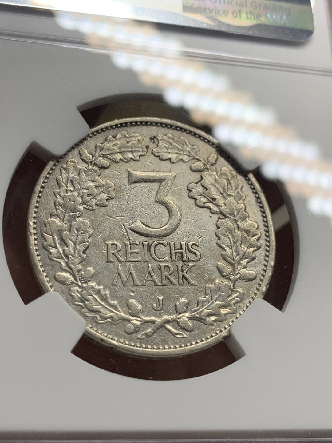 《竞宝斋》第76场-本周日，周一2场连拍（全场不限金额包邮） NGC-XFD 德国魏玛时期莱茵千年 1925年J厂  3马克 银币 细节清晰