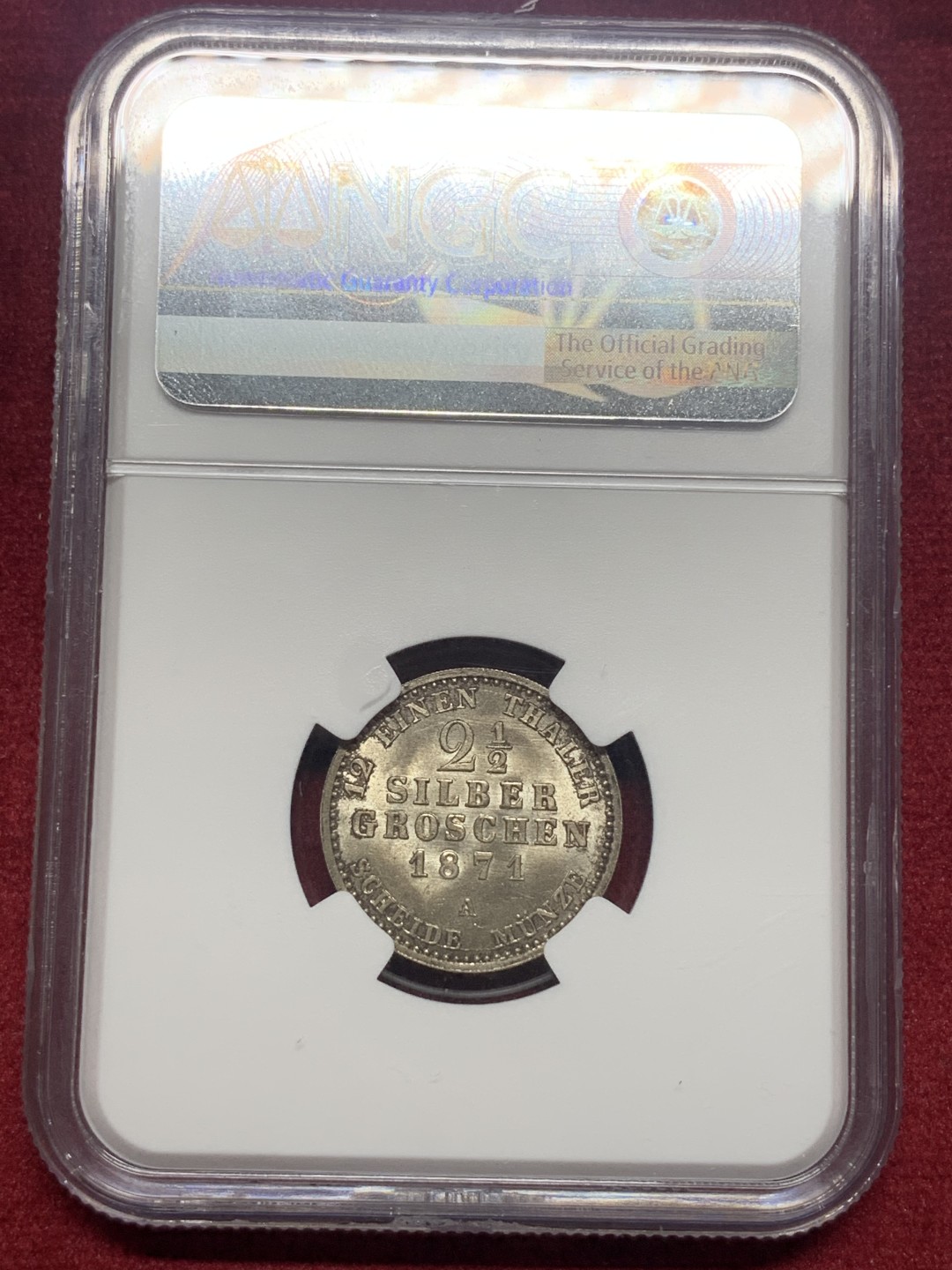 《竞宝斋》第76场-本周日，周一2场连拍（全场不限金额包邮） NGC-MS64 德国 普鲁士1871年2.5格罗申银币 车轮转光 金色包浆 收藏级完美品相精品德系辅币