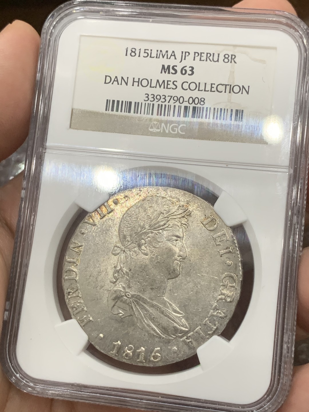 《竞宝斋》第76场-本周日，周一2场连拍（全场不限金额包邮） 亚军分 NGC MS63 秘鲁 1815年 费七 8R 双柱大银币 状态好 双面深打 名家旧藏 值得收集