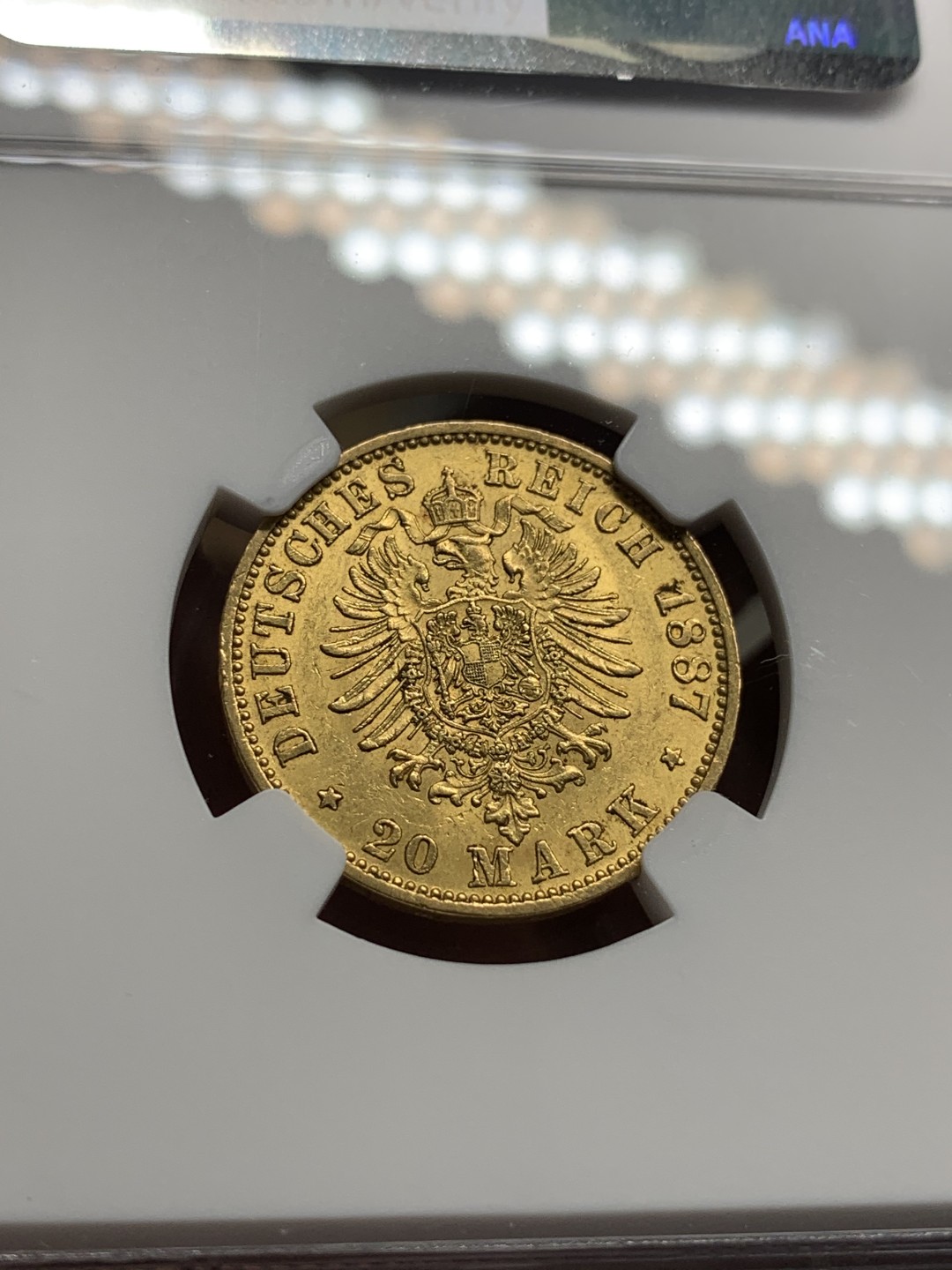 《竞宝斋》第76场-本周日，周一2场连拍（全场不限金额包邮） NGC-AU58 德国普鲁士 1887年 威廉一世 20马克金币 早期版本有这分数已经很难得了