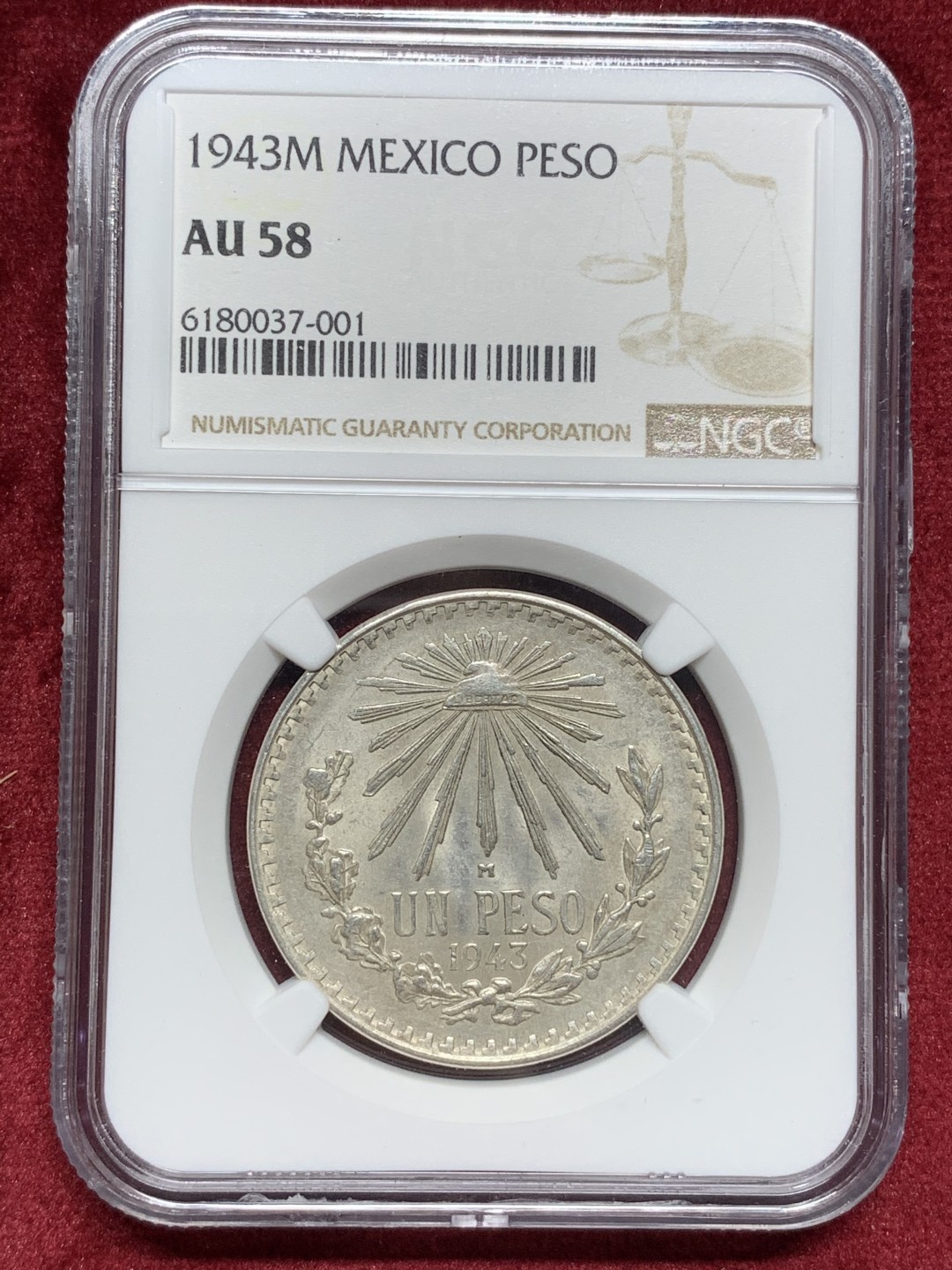 《竞宝斋》第76场-本周日，周一2场连拍（全场不限金额包邮） NGC-AU58 墨西哥 1943年M厂 1比索 银币 细节清晰