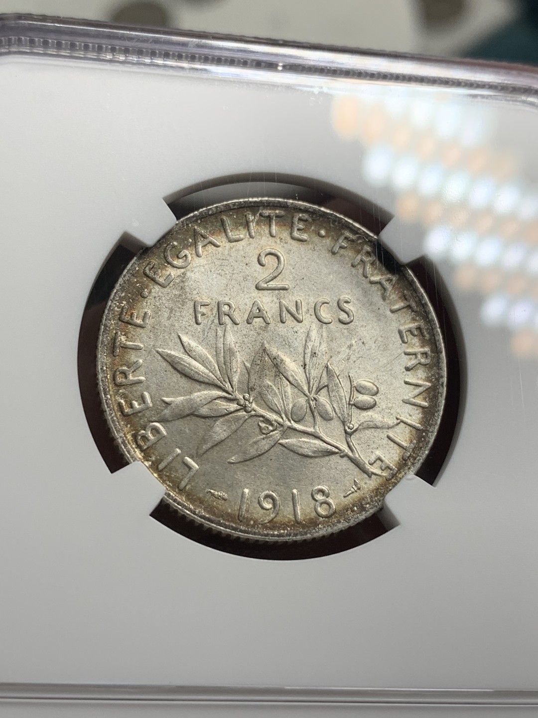 《竞宝斋》第76场-本周日，周一2场连拍（全场不限金额包邮） NGC-MS63 法国1918年 播种女神2法郎 银币 一流的好品