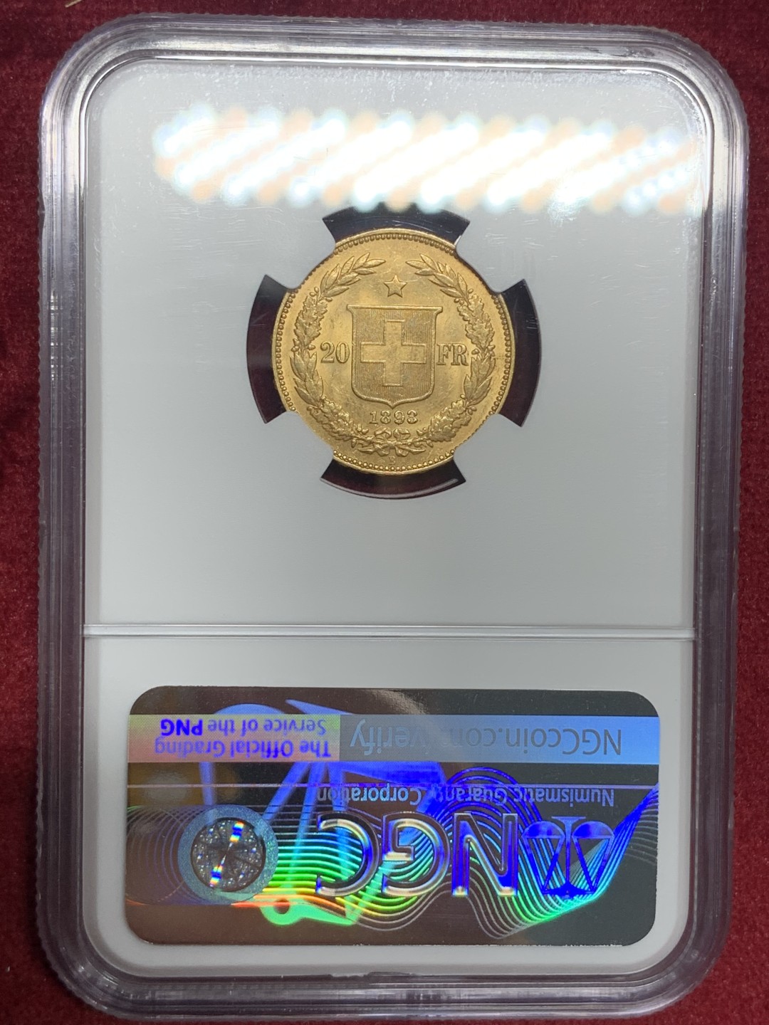 《竞宝斋》第76场-本周日，周一2场连拍（全场不限金额包邮） NGC-MS62 瑞士1893年 早期女人头像 20法郎金币 稀少的早期版 能上MS就更加难了