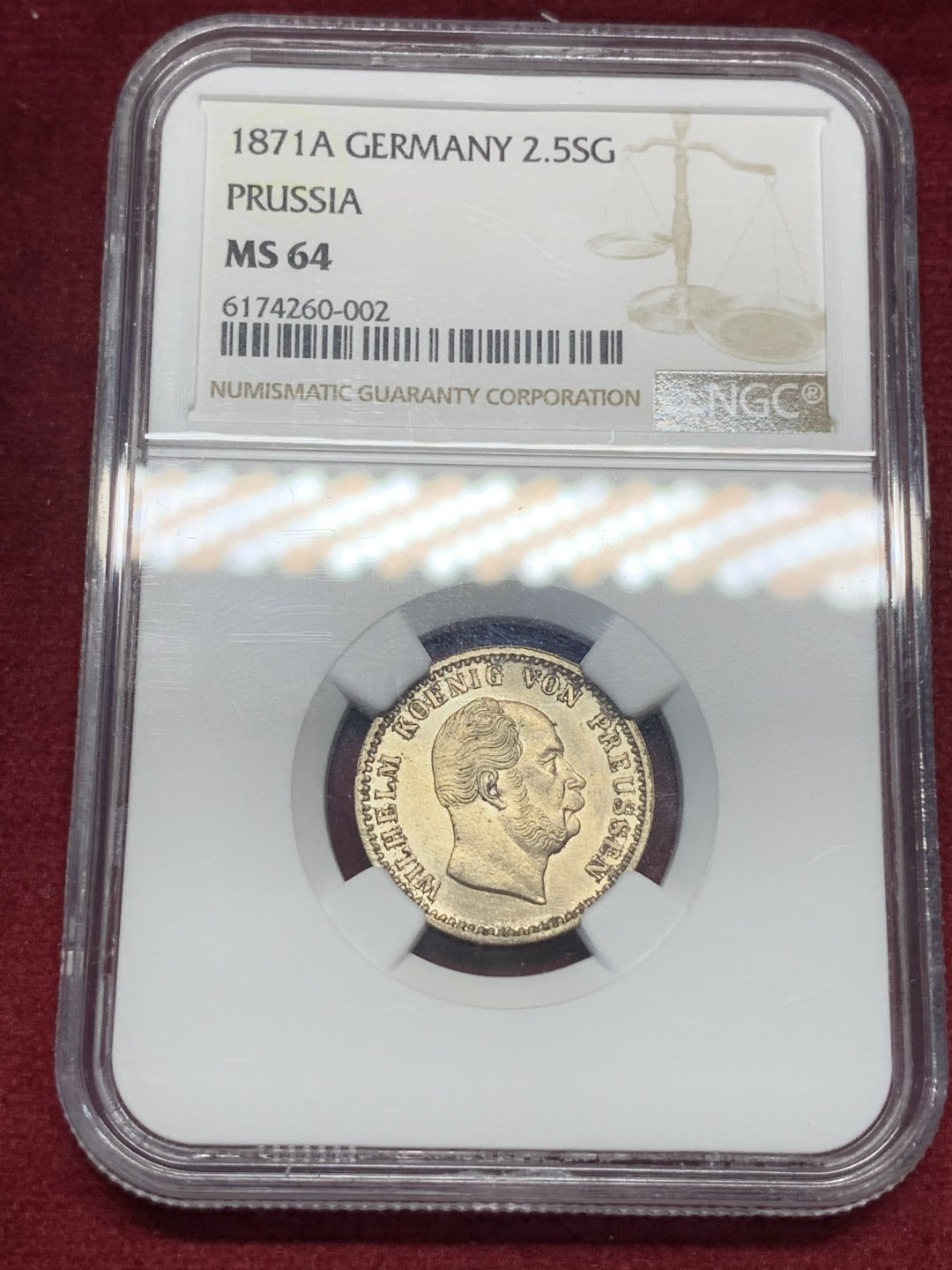 《竞宝斋》第76场-本周日，周一2场连拍（全场不限金额包邮） NGC-MS64 德国 普鲁士1871年2.5格罗申银币 车轮转光 金色包浆 收藏级完美品相精品德系辅币