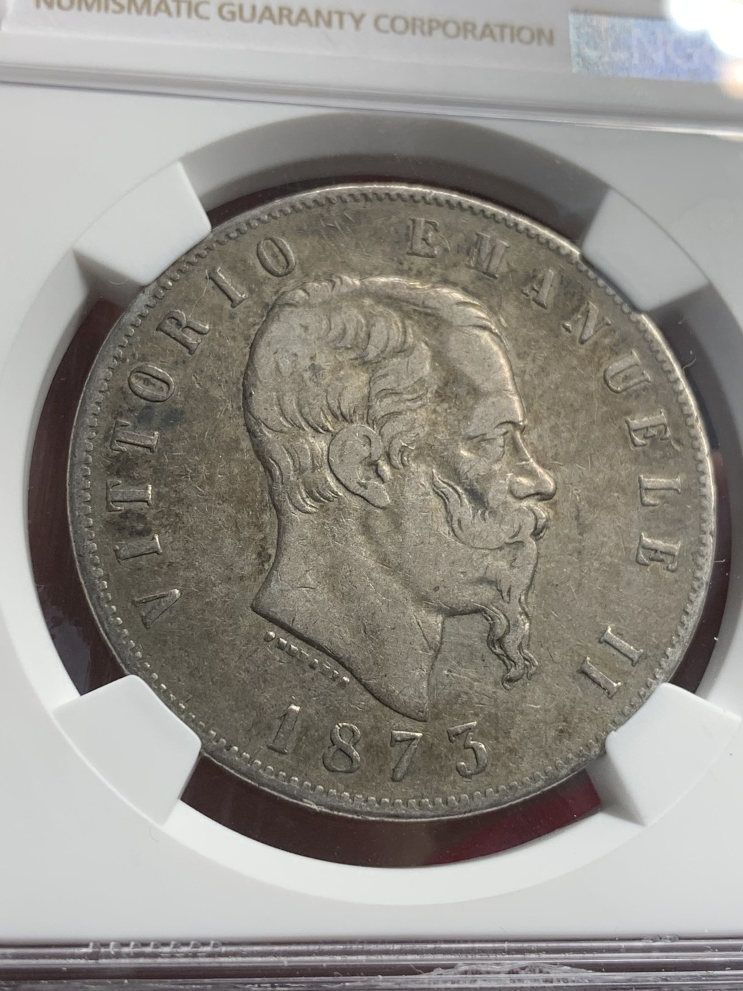 《竞宝斋》第76场-本周日，周一2场连拍（全场不限金额包邮） NGC VF35 意大利 1873年埃马努埃莱二世五里拉银币 老包浆