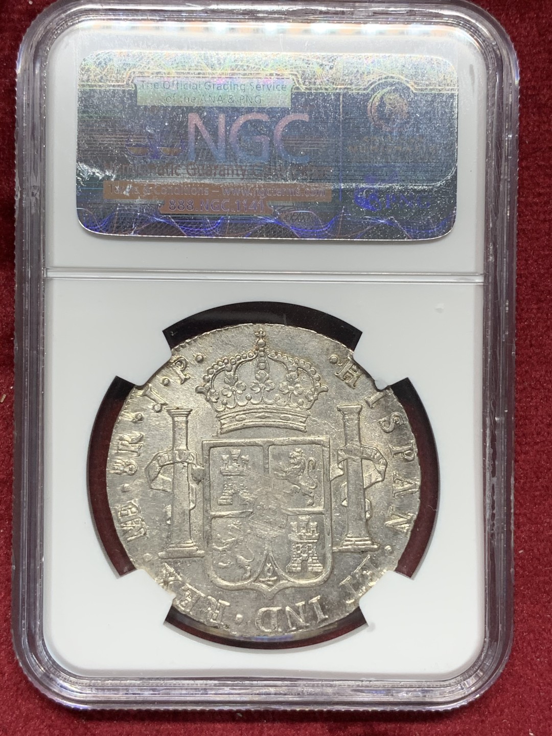 《竞宝斋》第76场-本周日，周一2场连拍（全场不限金额包邮） 亚军分 NGC MS63 秘鲁 1815年 费七 8R 双柱大银币 状态好 双面深打 名家旧藏 值得收集