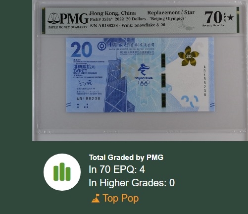 收藏联盟Quantum Auction 第177期拍卖 香港2022年冬奥会纪念钞20元  PMG70 满分评级且为补号