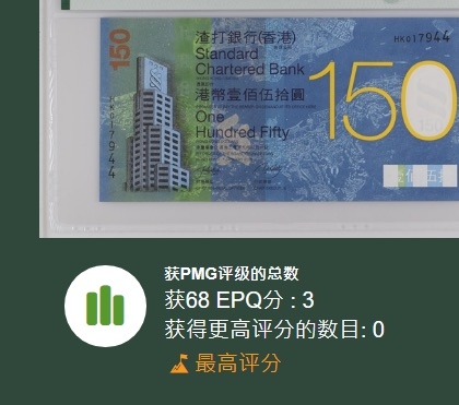 收藏联盟Quantum Auction 第177期拍卖 香港150周年纪念渣打银行150元 PMG68 冠军补号 亚军67上期录得4000加佣金