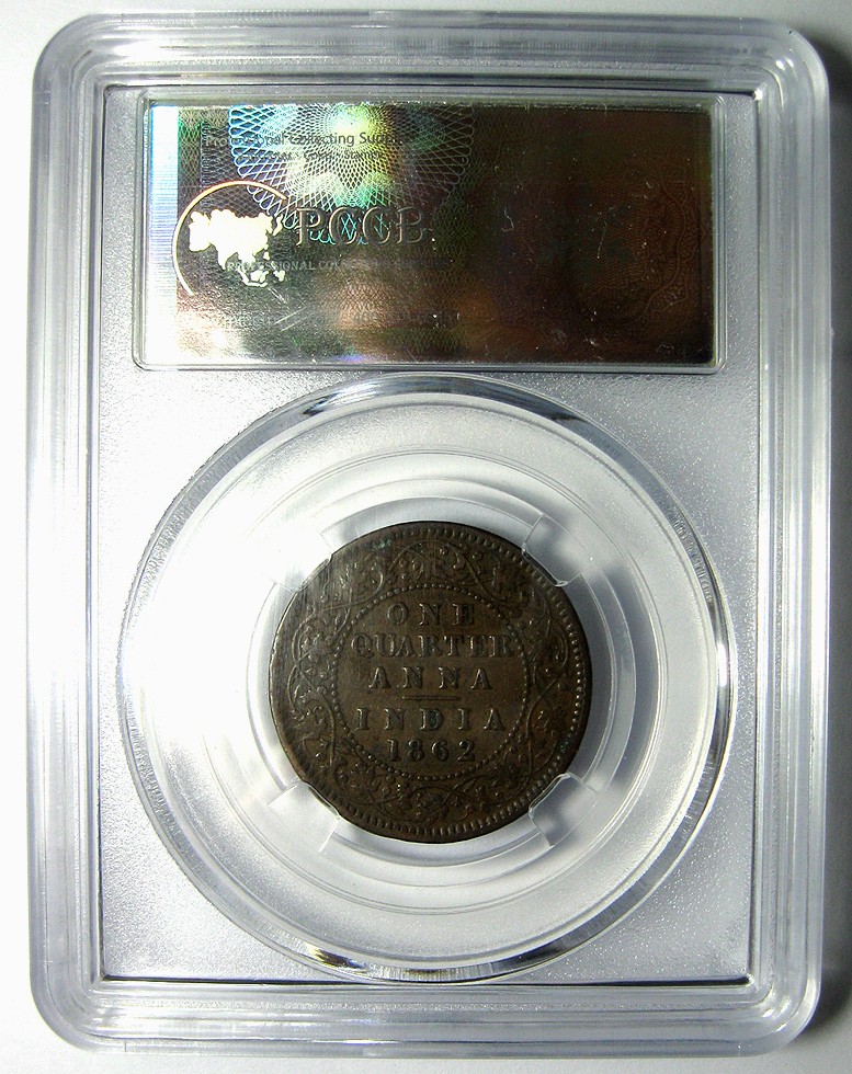 英属印度铜币,1862,维多利亚,四分之一安娜,规格：25mm,6.2g,自打标签盒子