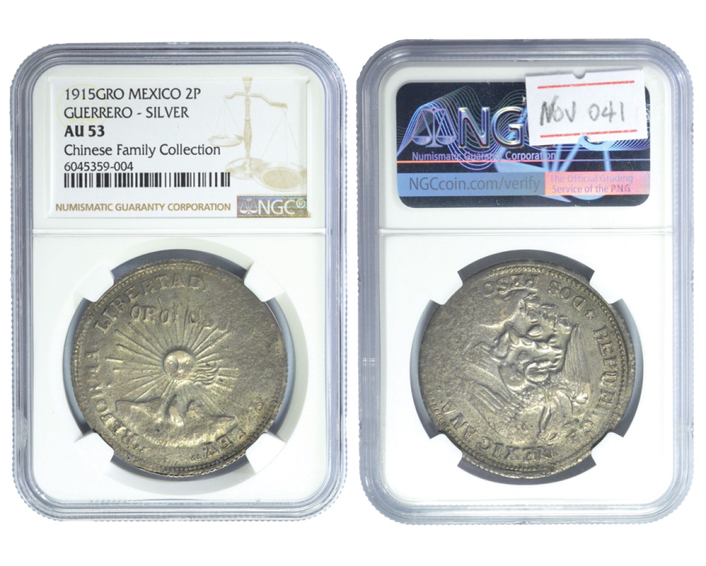 冠军拍卖老纸币银元专场 1915年墨西哥2比索银币，KM644，NGC AU53，华人家族收藏