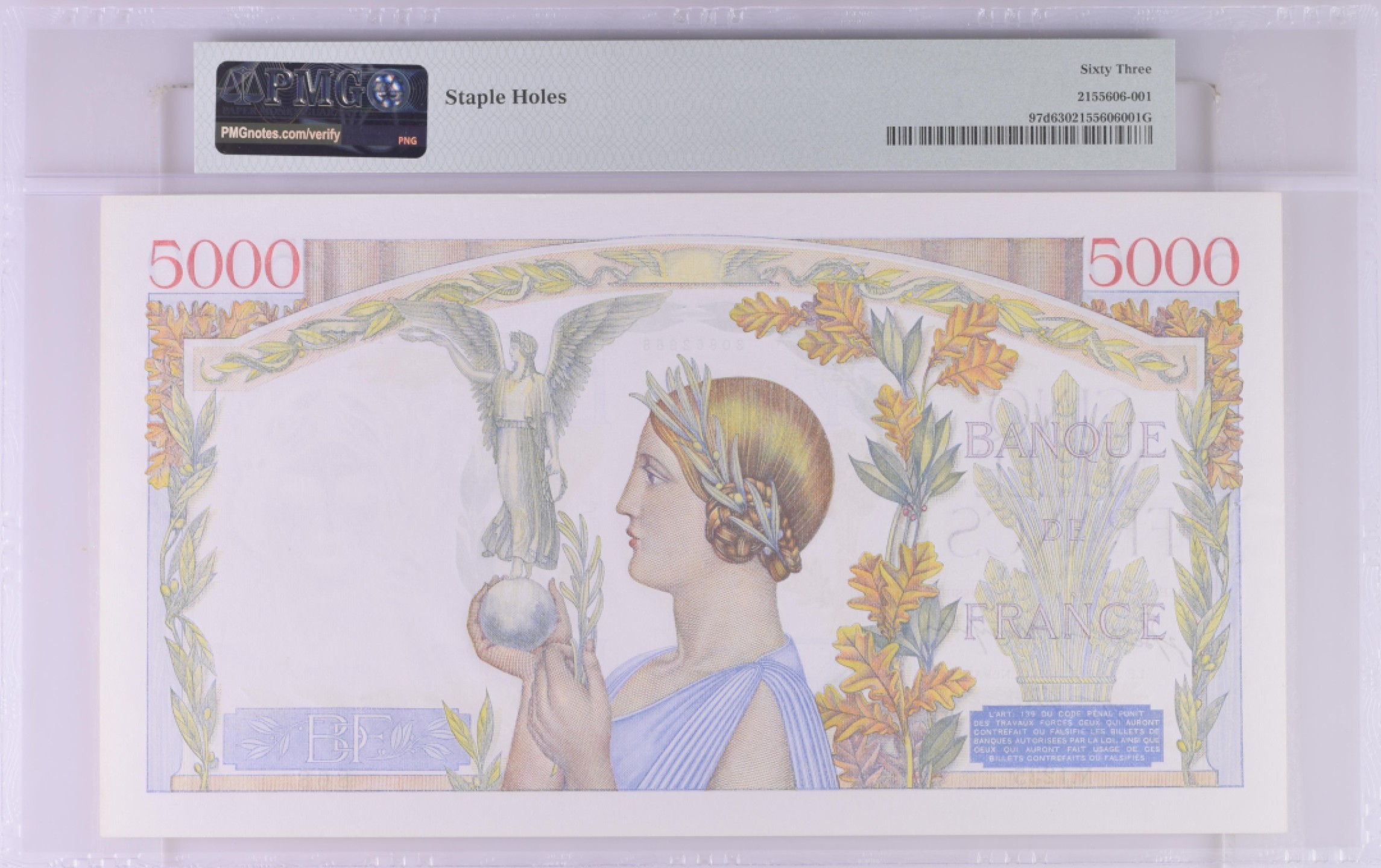 收藏联盟Quantum Auction 第177期拍卖 法国1943年5000法郎 PMG63 胜利女神 稀少d版